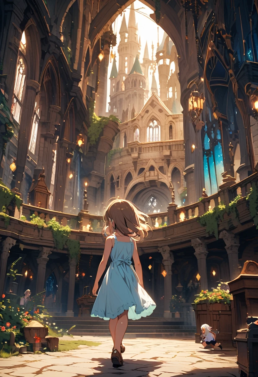 Sundress girl desperately running away from a muscular giant waitress,The girl is crying a lot of tears,Inside a fantasy castle,