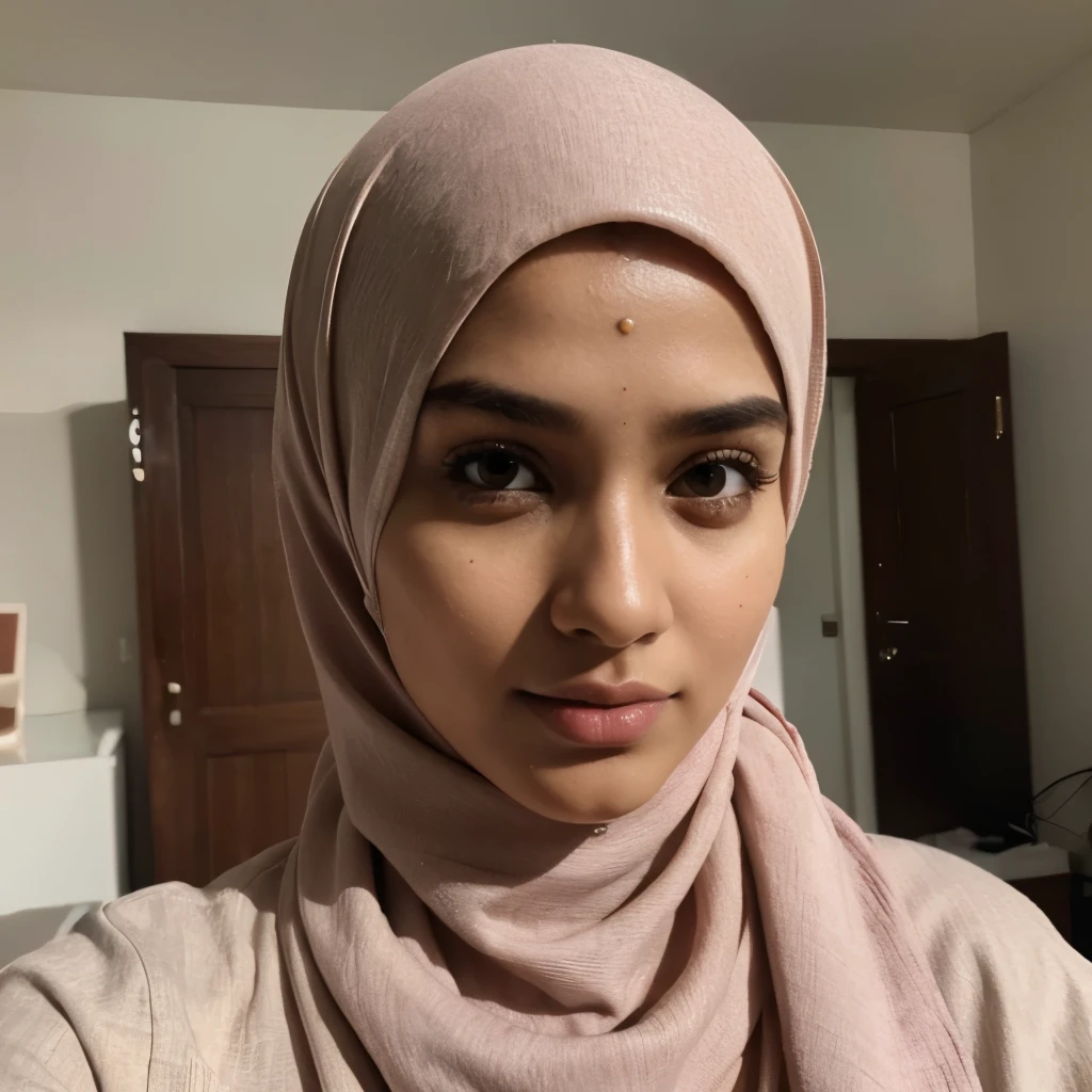 best quality,4k,8k,highres,masterpiece:1.2),ultra-detailed,realistic, indian, pretty, slender face, pale, hijab, bedroom background