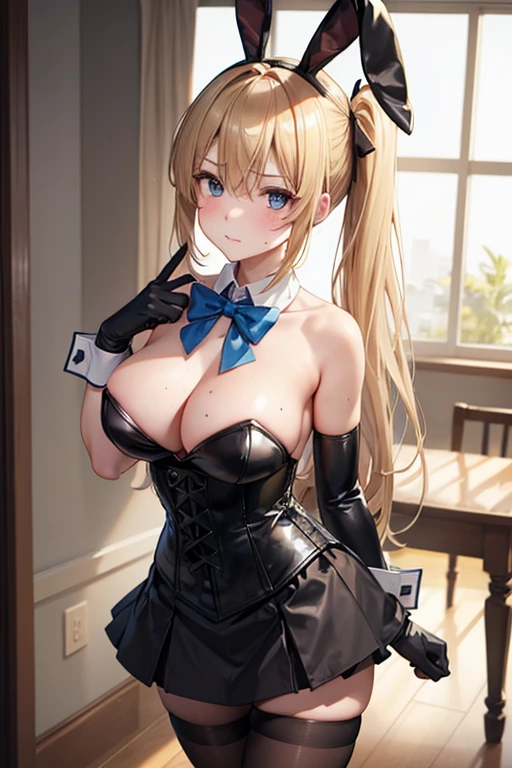 slender, mature female, 1girl, rating:safe, pantyhose, gloves, breasts, blonde_hair, blue_eyes, leotard, bare_shoulders, detached_collar, strapless, large_breasts, solo, black_gloves, cleavage, bunny_ears, bowtie, looking_at_viewer, indoors, detached_sleeves, bow, bunnysuit, sidelocks, black_legwear, black_leotard, chair, bangs, side_ponytail, animal_ears, long_hair, closed_mouth, black_neckwear, corset, hair_between_eyes, blush, mole, skirt, cowboy_shot, wrist_cuffs, brown_legwear, strapless_leotard, eyebrows_visible_through_hair, index_finger_raised, arm_strap, skindentation, standing, shirt, mole_under_eye