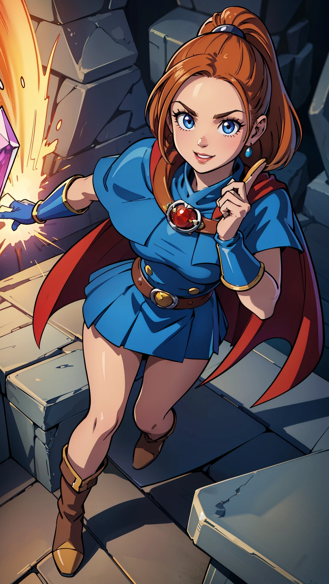 Blue cape outfit,Red Cape,Yellow gloves,Pleated skirt,round silver belt buckle,Leather boots,Brown pineapple hair(masterpiece, best quality, highres:1.4), full body,(((1 girl))), beautiful detailed eyes, beautiful detailed lips, extremely detailed eyes and face, long eyelashes, young beautiful girl, vibrant colors, photorealistic, highly detailed, cinematic, Ashlynn, ((((Barbara)))), Dragon Quest, DQ, influential wizard, very cute, smile, crystal cave