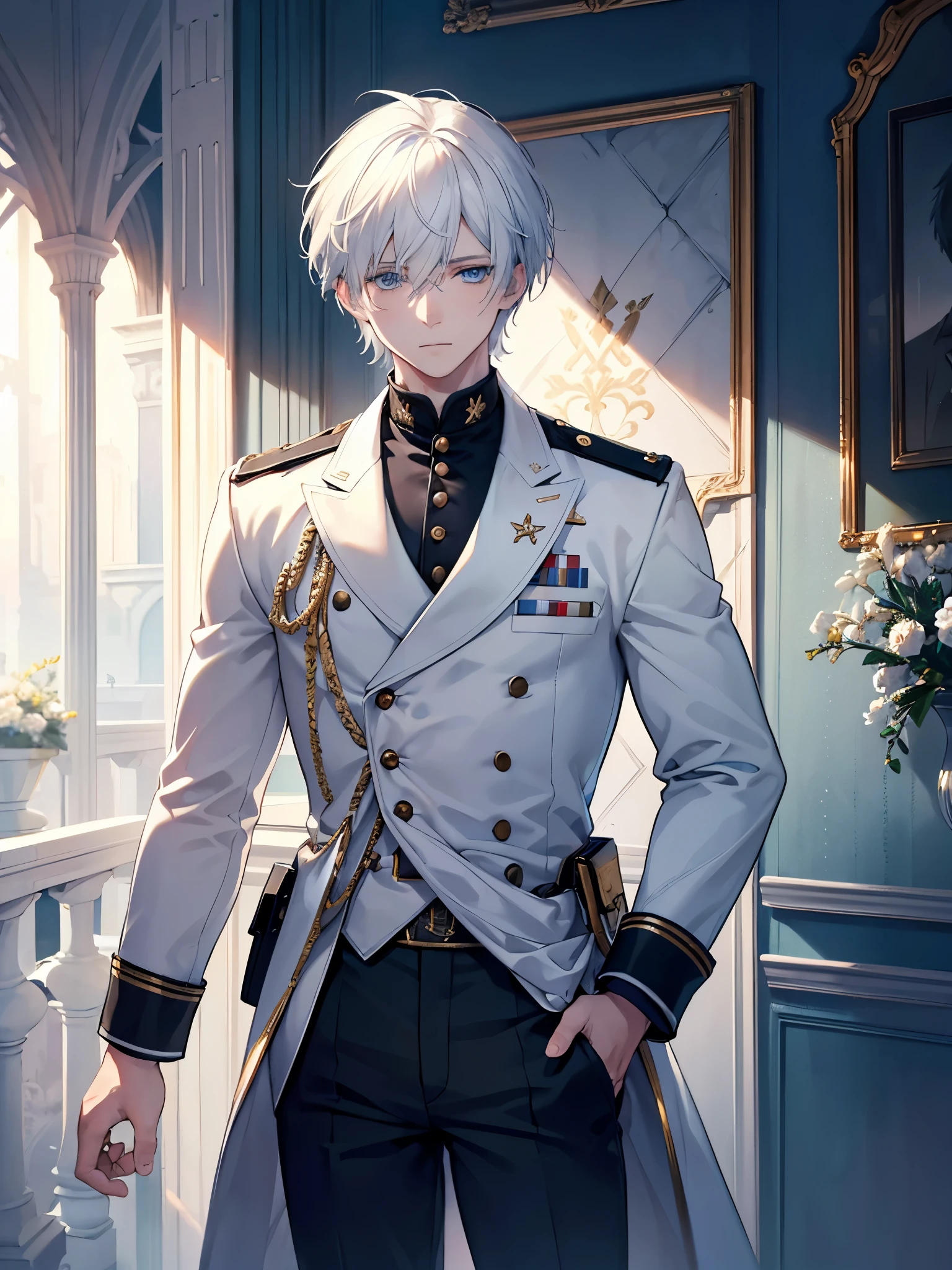 1.5, best quality, high quality, HD, High quality textures, High quality shadows, High Detail, Beautiful and detailed, Meticulous attention to detail, Extremely detailed CG, Detailed texture, 1 person, Boys, white hair, short hair, young, conscientious, ((Ice blue eyes))， Double Breasted Military Jacket，trousers