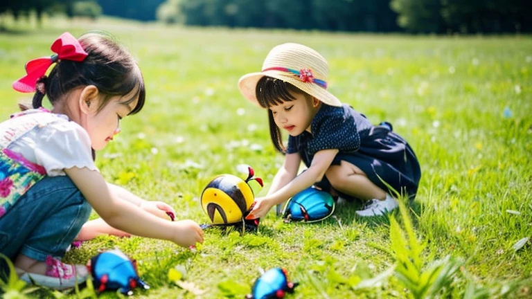 Children playing with beautiful beetles in the grassland、Children playing with beautiful beetles in the grassland、Colorful Mushiking