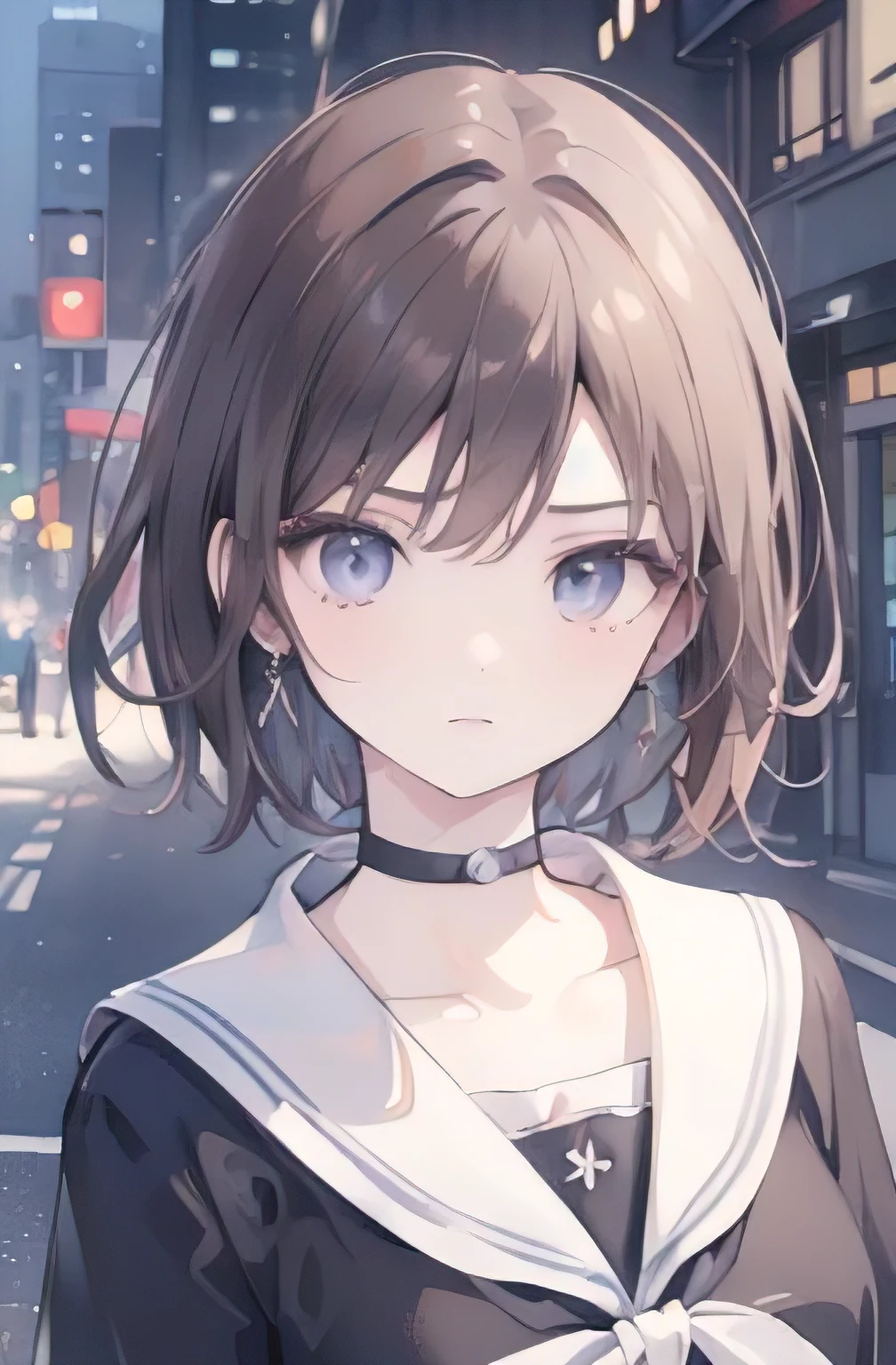 1girl,anime_coloring,black_eyes,black_gloves,brown_hair,choker,earrings,gloves,jewelry,mailbox,parody,short_hair,angry,solo,style_parody, / (best quality,4k,8k,highres,masterpiece:1.2),ultra-detailed,(realistic,photorealistic,photo-realistic:1.37),highly detailed face, exquisite details, vivid colors, dynamic lighting, cinematic composition, intricate background, striking pose