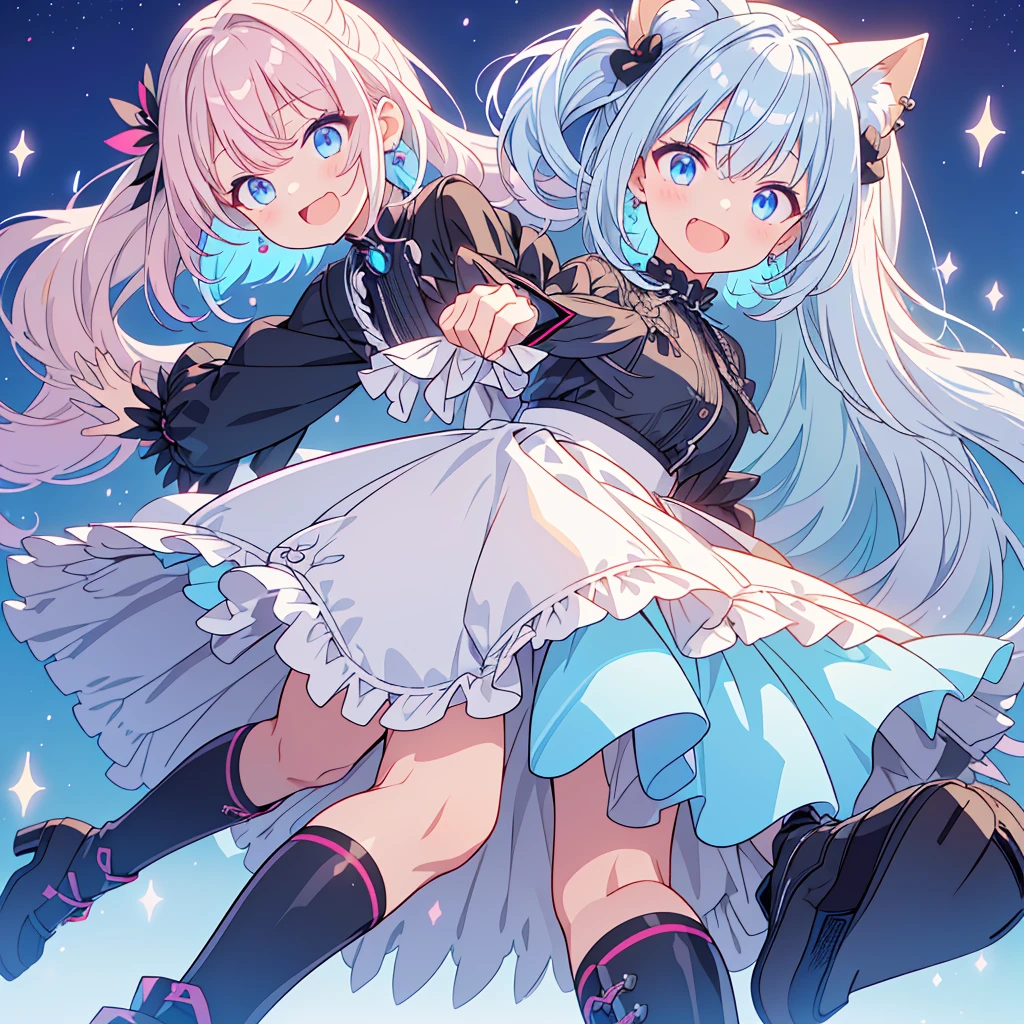 Best image quality、(((Esbian all over))),Character portrait、Excellent style、Laugh as hard as you can、Beautiful feet、Leather shoes、Dynamic Pose、, young、Gothic Lolita, (((Milky white and light blue gradation hair))), Blue eyes, (mascara), Short bangs, ((Hair above the eyes)), Pink mixed hair、Mesh color pink、Medium chest, Frills,白いFrills, Black Theme, break ((colorful, Bright colors):1.3), (like a hologram々Bright colors彩を放つドレスです:1.5), ((rainbow crinoline, Multilayer skirt that stands out in black):1.4), (Gothic Lolita:1.2), (Lace-up:1.2), ((No sleeve, Exposing shoulders):1.2), (Rainbow fairy wings:1.3), break (Platform high boots:1.1), (Long gloves:1.2), ((Earrings, Reman):1.2), Faithfully, (((Eye focus))), (((Laughter))), The background is blurred, Hollow Eyes, Purple Theme、Displaying the viewer, (((night))), (((hair ornaments)))、kawaii tech、perfect fingers、