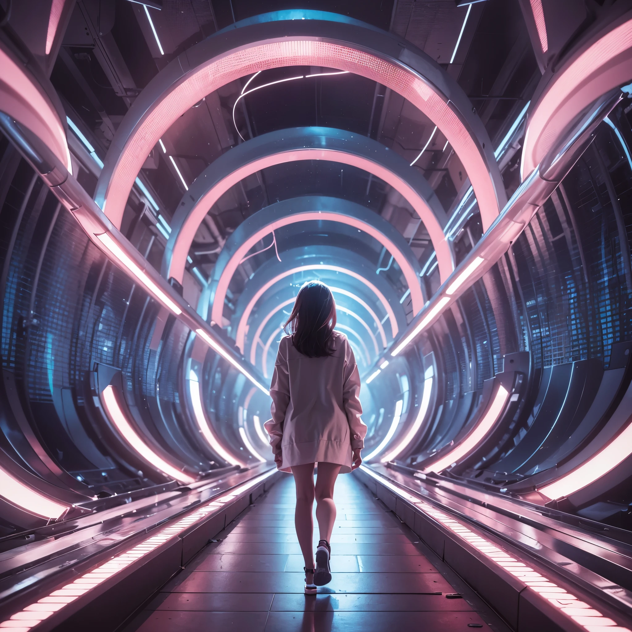 Best quality,masterpiece,16k,In the curved tunnel,Multi-line lighting,Futuristic,Future Technology Tunnel,Complex structure,1girl,Dynamic poses,Looking at the camera,Girl being chased by monster