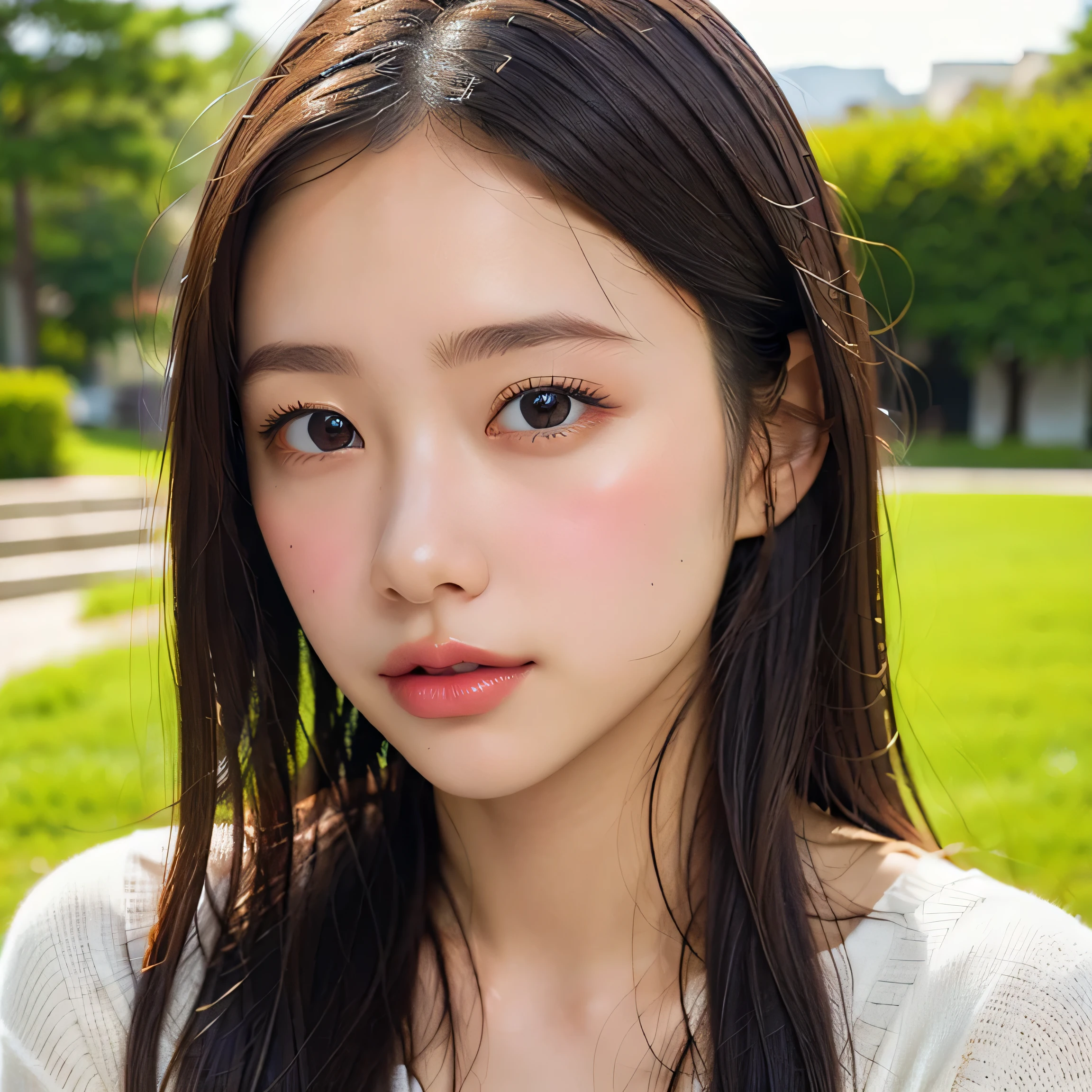 ((highest quality)), (be familiar with), beautiful girl, Japanese girl, baby face, highly detailed eyes, highly detailed nose, highly detailed mouth, beautiful feet, beautiful hand, beautiful arms, perfect anatomy :1.4, one person, no cut, outdoor, glamor, Full-body, park, Campus, Photo-like, grass, chiaroscuro, Faint reflected light, ((masterpiece)), 16k, textured skin, super detail