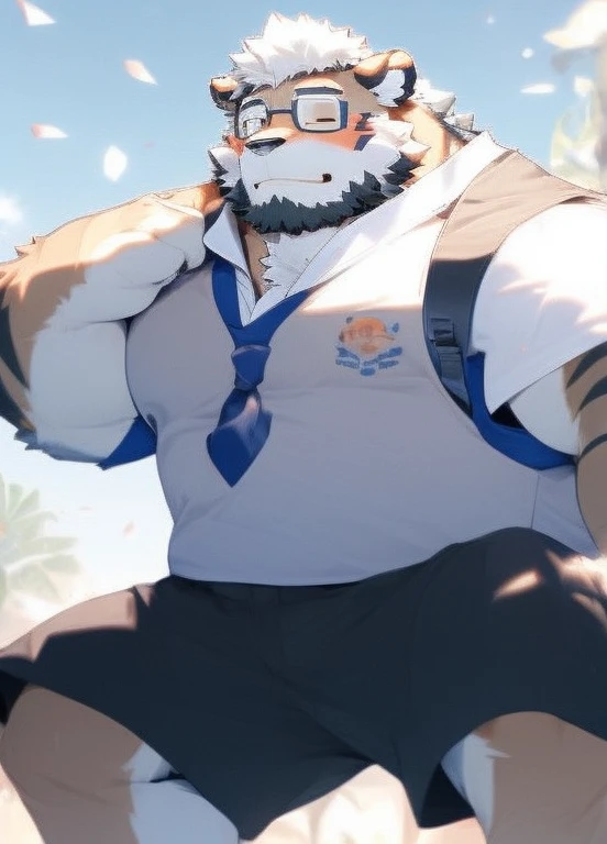 hairy,(dog,White short sleeve,roll up your sleeves,shorts),beard,White fur,male,Common,full-body shot, Dynamic poses,There are fallen leaves,Sunlight,in class,in the groundroom,ground,in class,Close your eyes,blush,Smile,Detailed background,极其lifelike阴影,masterpiece,Very detailed,lifelike