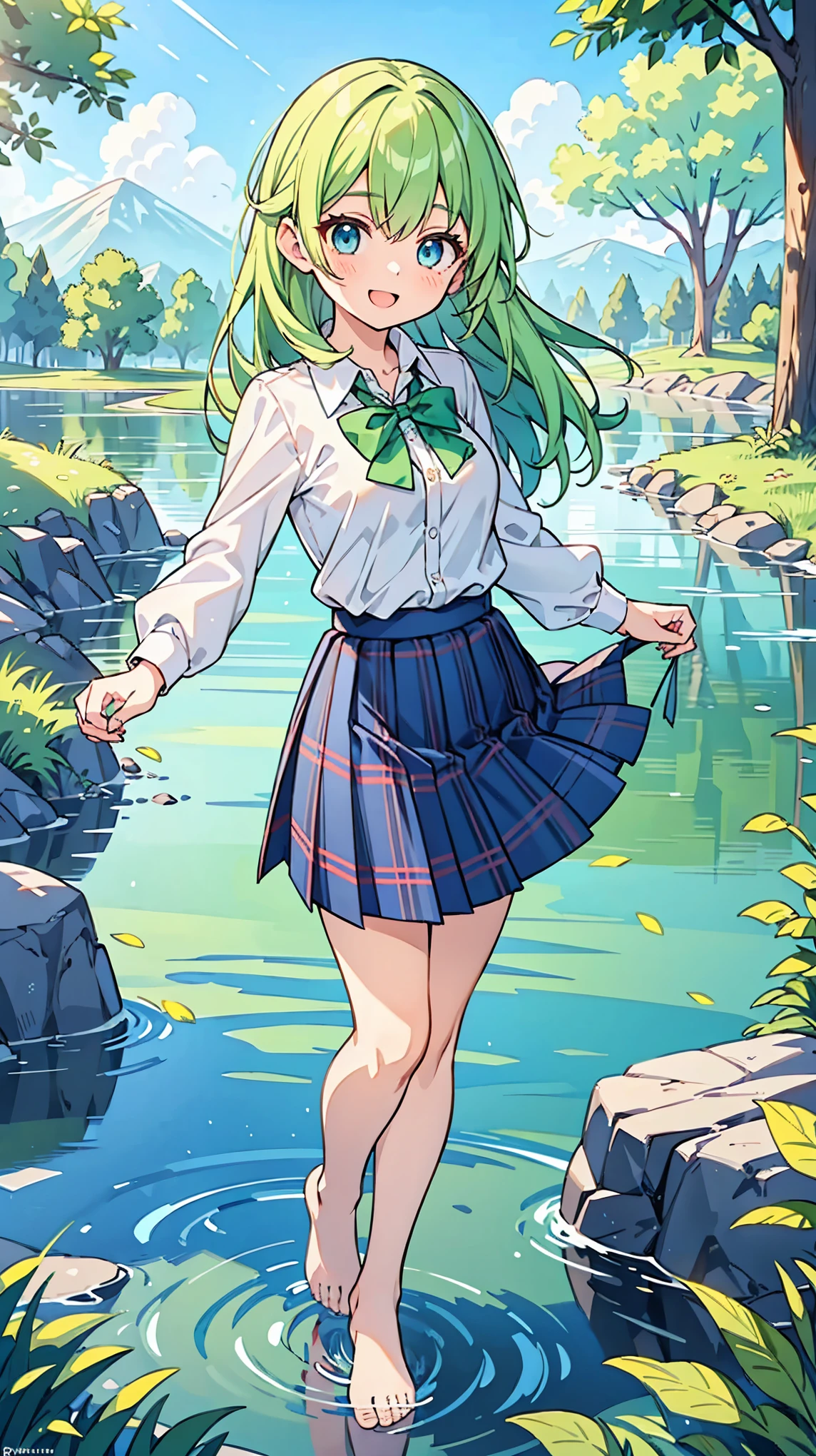 ((A Pretty school girl with green hair and blue eyes)), ((wearing the white collar shirt and plaid skirt)), Baby face, ((top-quality, master piece, ultra-definition, high resolution)), anime girl, ((ultra-detailed illust:1.2)), only one person, bangs, hair between eye, beautiful hair, Beautiful eyes, medium breast, Big smile, opened mouth, barefoot, in the river, countryside