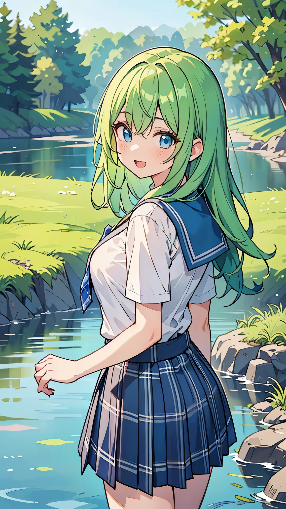 ((A Pretty school girl with green hair and blue eyes)), ((wearing the white collar shirt and plaid skirt)), , ((top-quality, master piece, ultra-definition, high resolution)), anime girl, ((ultra-detailed illust:1.2)), only one person, bangs, hair between eye, beautiful hair, Beautiful eyes, medium breast, Big smile, opened mouth, barefoot, in the river, countryside, ((turn back))