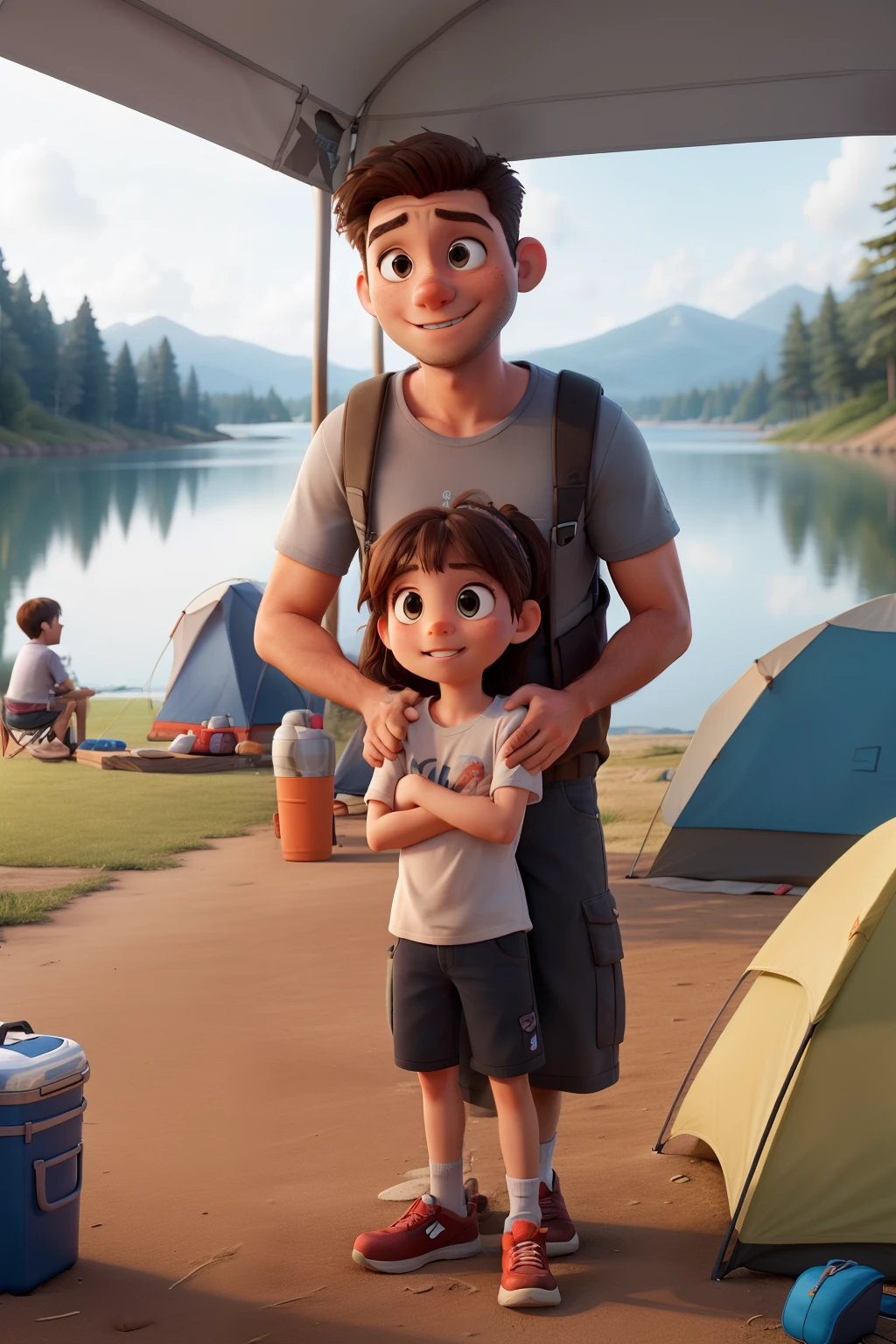 Young father and his eigth years daughter are camping at the lake