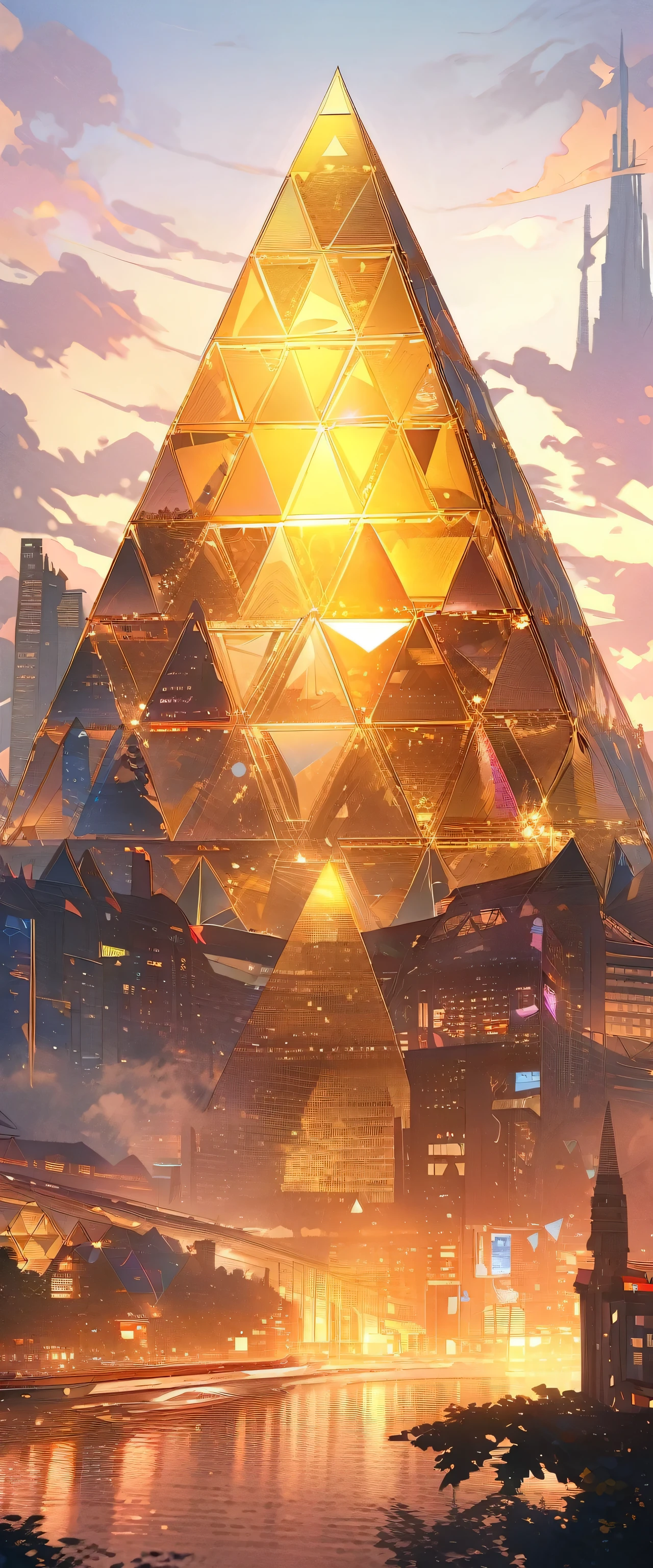 Futuristic background of golden glass pyramid with shining laser beams、It leads to a surreal science city with huge skyscrapers.。. The background resolution is 4k、The aspect ratio is 16。:9.Golden Pyramid, masterpiece, Anatomically correct, Super detailed, high quality, 最high quality, 8k, 16k, Attention to detail