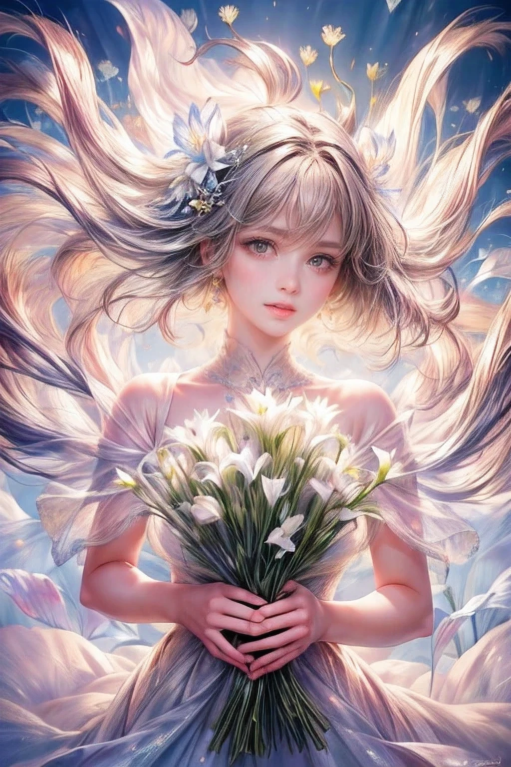 multiple exposure, masterpiece:1.2, highest quality, 16k, highres, ultra-realistic, photorealistic:1.37, beautiful detailed:1.2, cute lily fairy girl, flying in a meadow full of lilies, holding a bouquet of lilies,meadow(colorful lilies, full of lilies, bluesky), beautiful delicate pure white dress and hat with a lily motif, Beautiful and elegant pose, gently smile, beautiful delicate(hair, face, long eyelash, eyes, pupils, lips, dress), sparkling eyes, shining rosy lips, blushed cheek, through bangs,