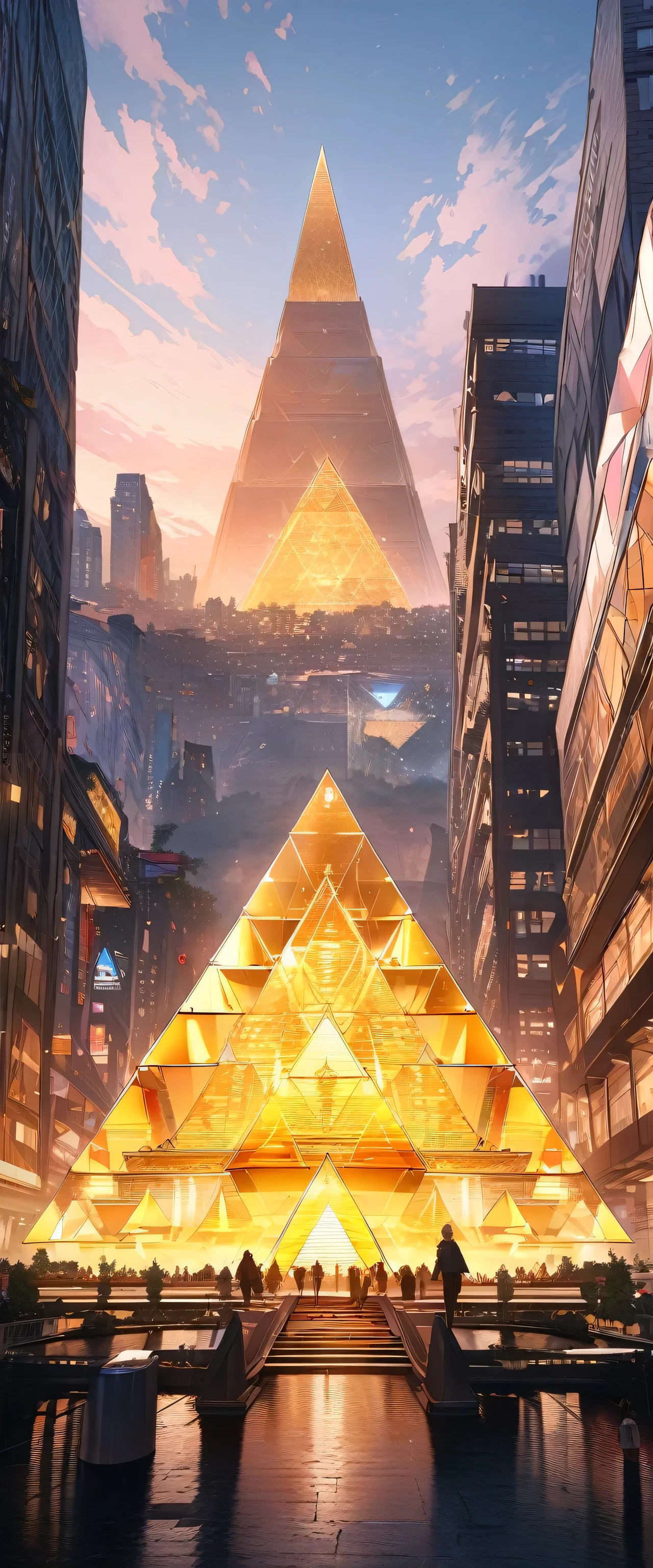 Futuristic background of golden glass pyramid with shining laser beams、It leads to a surreal science city with huge skyscrapers.。. The background resolution is 4k、The aspect ratio is 16。:9.Golden Pyramid, masterpiece, Anatomically correct, Super detailed, high quality, 最high quality, 8k, 16k, Attention to detail