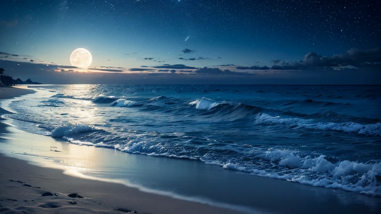 Moonlit Sea、Ripples、beach、full moon、Blue Night Sky、star、Sandy Beach、Fantasy、The moon is reflected in the sea