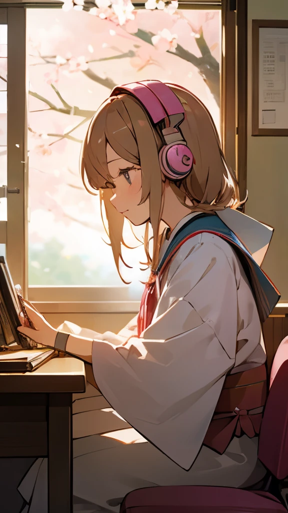 Beautiful girl studying in her room while listening to music with headphones、Warm lighting、Outside the room, cherry blossoms are blooming、Japanese anime style