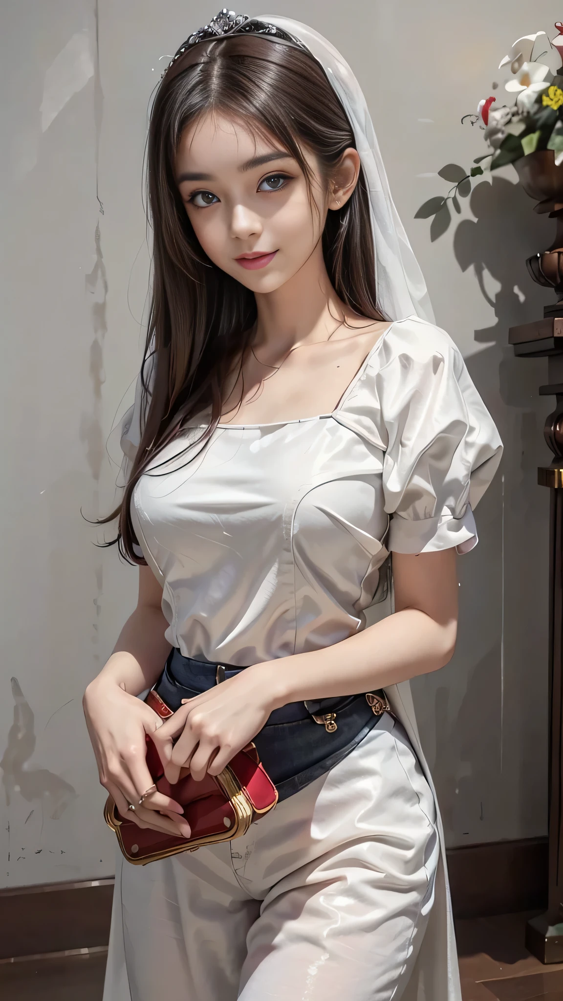((((((Mai Shiraishi, white shirt, black pleats skirt, cowboy shot, back shot, back view, looking ahead, dark brown very short hair, gigantic breasts, arms behind back, standing))))))(((((masterpiece, best quality, highly detailed, absurdres, RAW photo, ultra high resolution)))), highly detailed face and skin texture, detailed eyes, clear focus, an asian young and beautiful girl, white skin, real human skin, oval face, pores, gentle and goddess-like eyes, lip gloss, eyelashes, gloss face, Wide range of lighting, Natural shading, Small waist, slender body, slight smile, clear features, Beautiful face, Double eyelids, sagging eyes, night cityscape