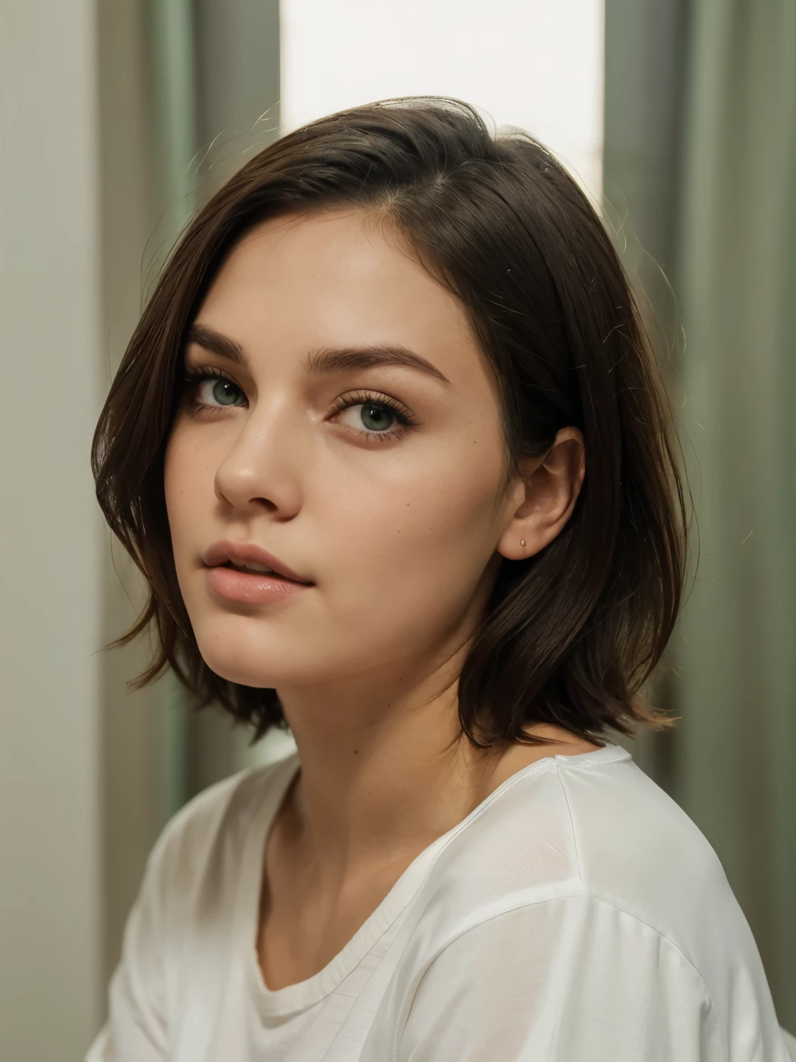 brown, neck length short, parted from middle haired, green eyed, round faced, narrow mouth, full lips, beautiful faced, white t-shirt wearing ladys face, portrait, front view