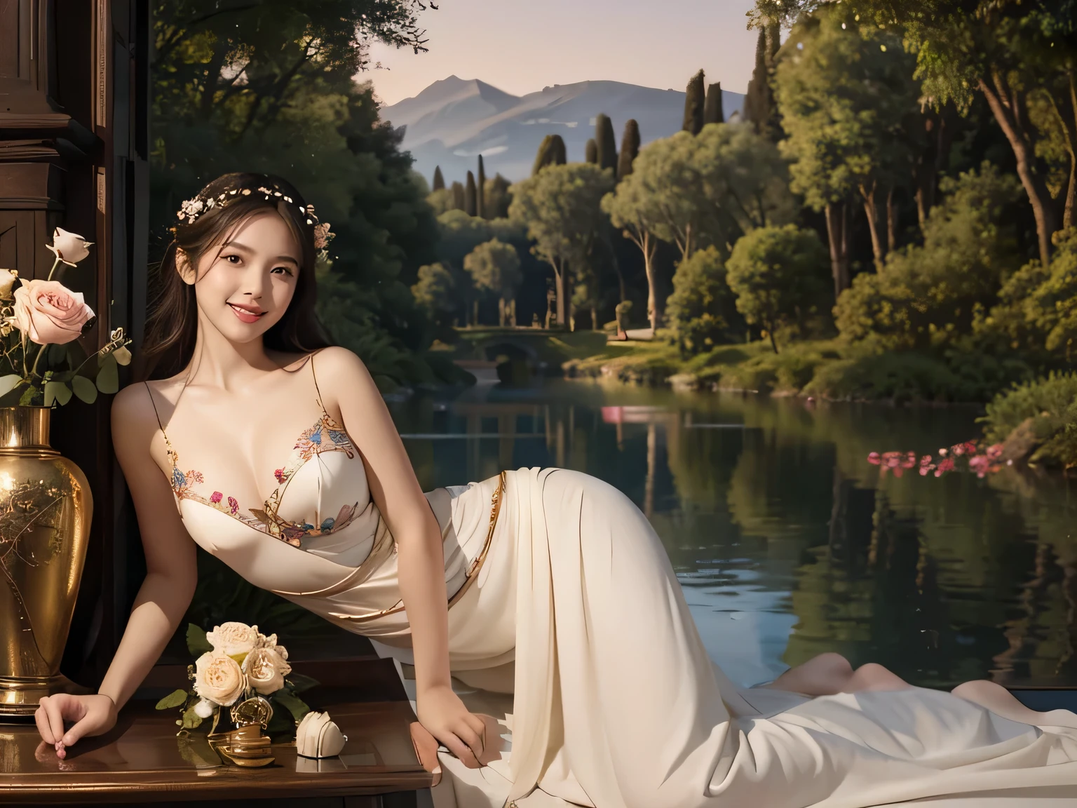 Giorgione painting style,Arguments of two female Philosophe,math、astronomical machine、astronaut、roses in vase、fruits、Cute trinkets、smile、ancient greek costume、Background is a forest lake at night 、Clothes that stretch your shoulders、A big smile、beautiful bare skin、A detailed representation of the seducing woman throughout her body.