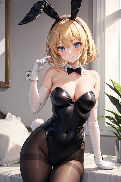 animal_ears, bunny_ears, bunnysuit, leotard, breasts, rating:safe, pantyhose, bunny_tail, gloves, bowtie, fake_animal_ears, black_gloves, blue_eyes, black_leotard, bow, tail, large_breasts, detached_collar, bare_shoulders, cleavage, strapless, fake_tail, wrist_cuffs, bunny_girl, strapless_leotard, blonde_hair, looking_at_viewer, brown_legwear, blush, 1girl, elbow_gloves, short_hair, detached_sleeves, bangs, collarbone, solo, indoors, eyebrows_visible_through_hair, highleg_leotard, hairband, thighs, closed_mouth, smile, long_hair, holding, covered_navel, black_legwear