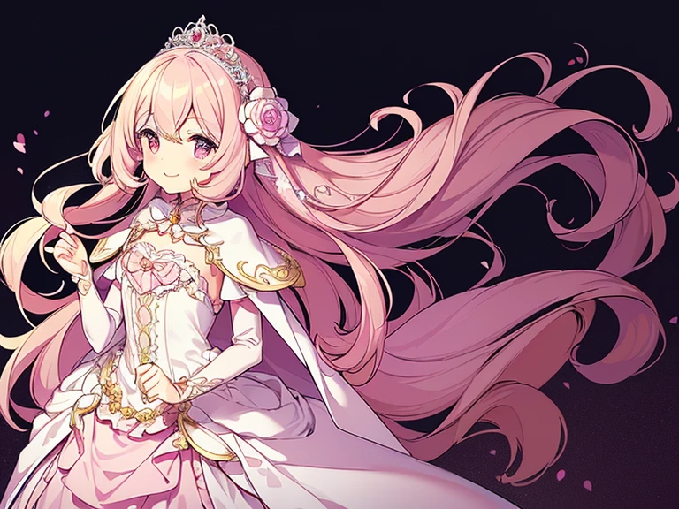 (kawaii),(best quality),(ultra detailed),(rococo style),(long train pastel pink cape:1.15), very long cape,(long train white ball gown with flower decorations:1.1), a girl is wearing a cape over her gown, 1 little princess, tiara, smile, very long hair, small breasts, beautiful detailed eyes, beautiful detailed lips, looking at viewer