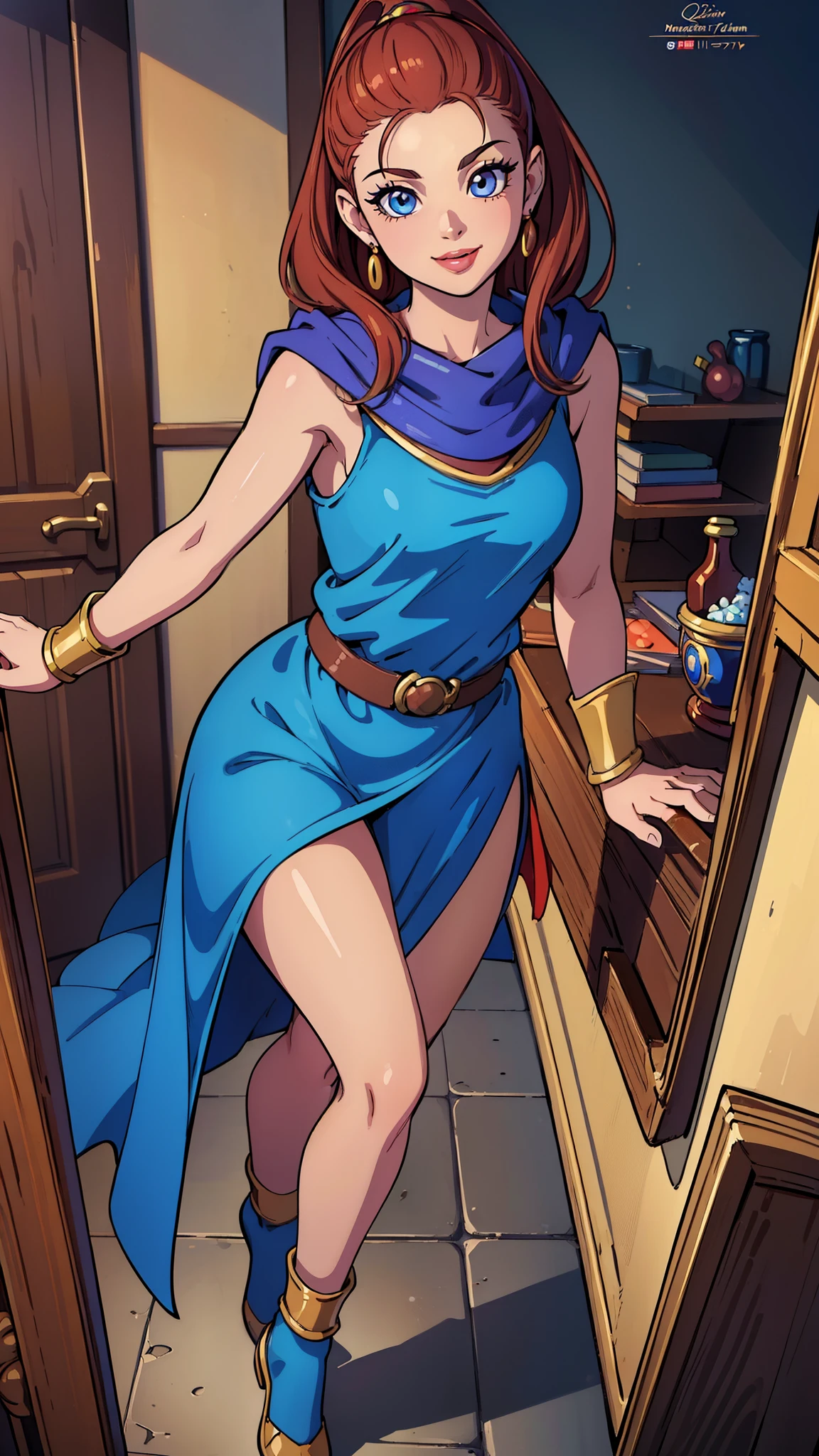 (masterpiece, best quality, highres:1.4), full body,1 girl, beautiful detailed eyes, beautiful detailed lips, extremely detailed eyes and face, long eyelashes, young beautiful girl, vibrant colors, photorealistic, highly detailed, cinematic, Ashlynn, Barbara, Dragon Quest, DQ, influential wizard, very cute, smile