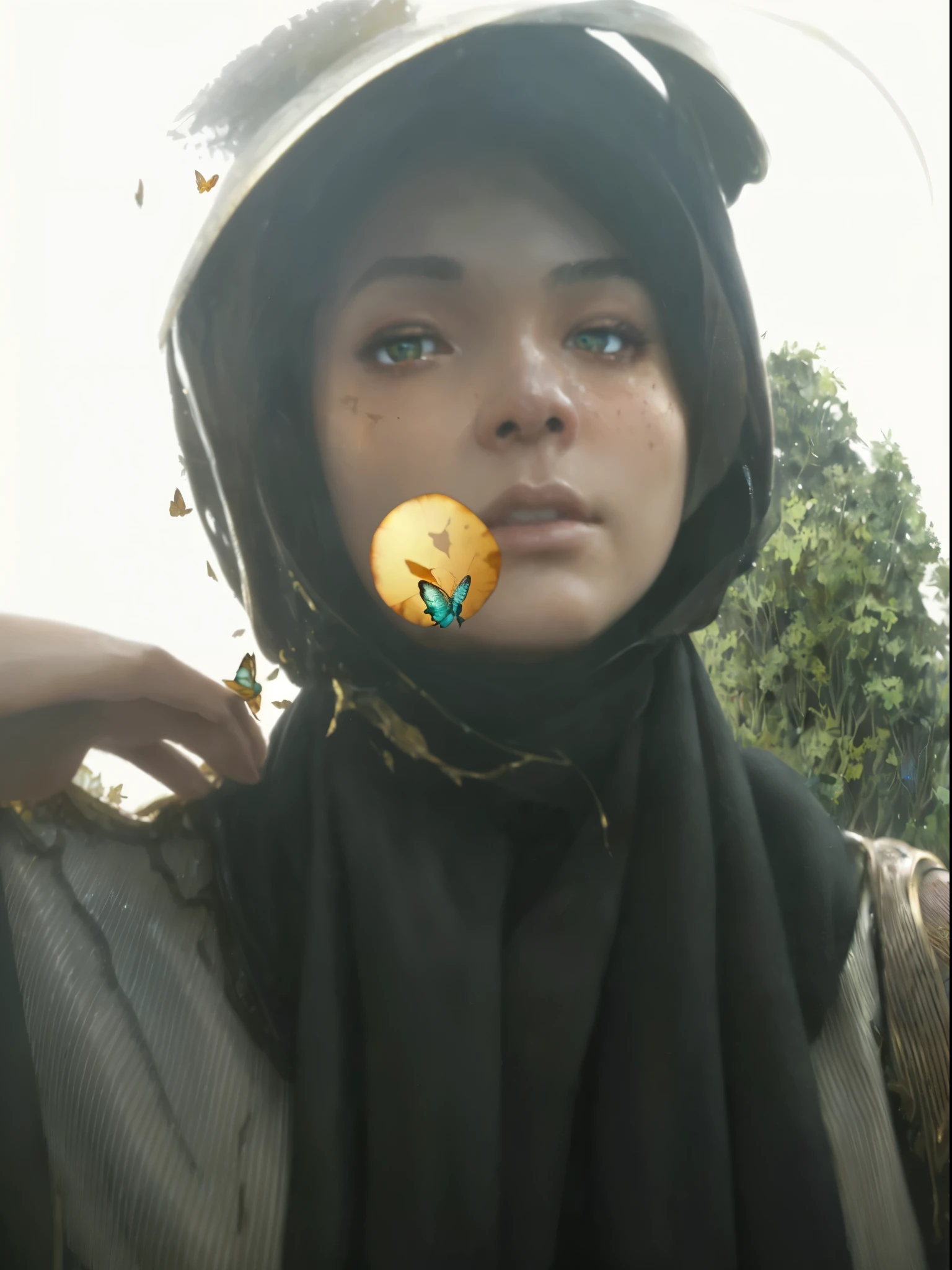 8k portrait of beautiful cyborg with brown hair, intricate, elegant, highly detailed, majestic, digital photography, art by artgerm and ruan jia and greg rutkowski surreal painting gold butterfly filigree, broken glass, (masterpiece, sidelighting, finely detailed beautiful eyes: 1.2), hdr, (detailed background window to a new dimension, plants and flowers:0.7) infinity, infinite symbol,