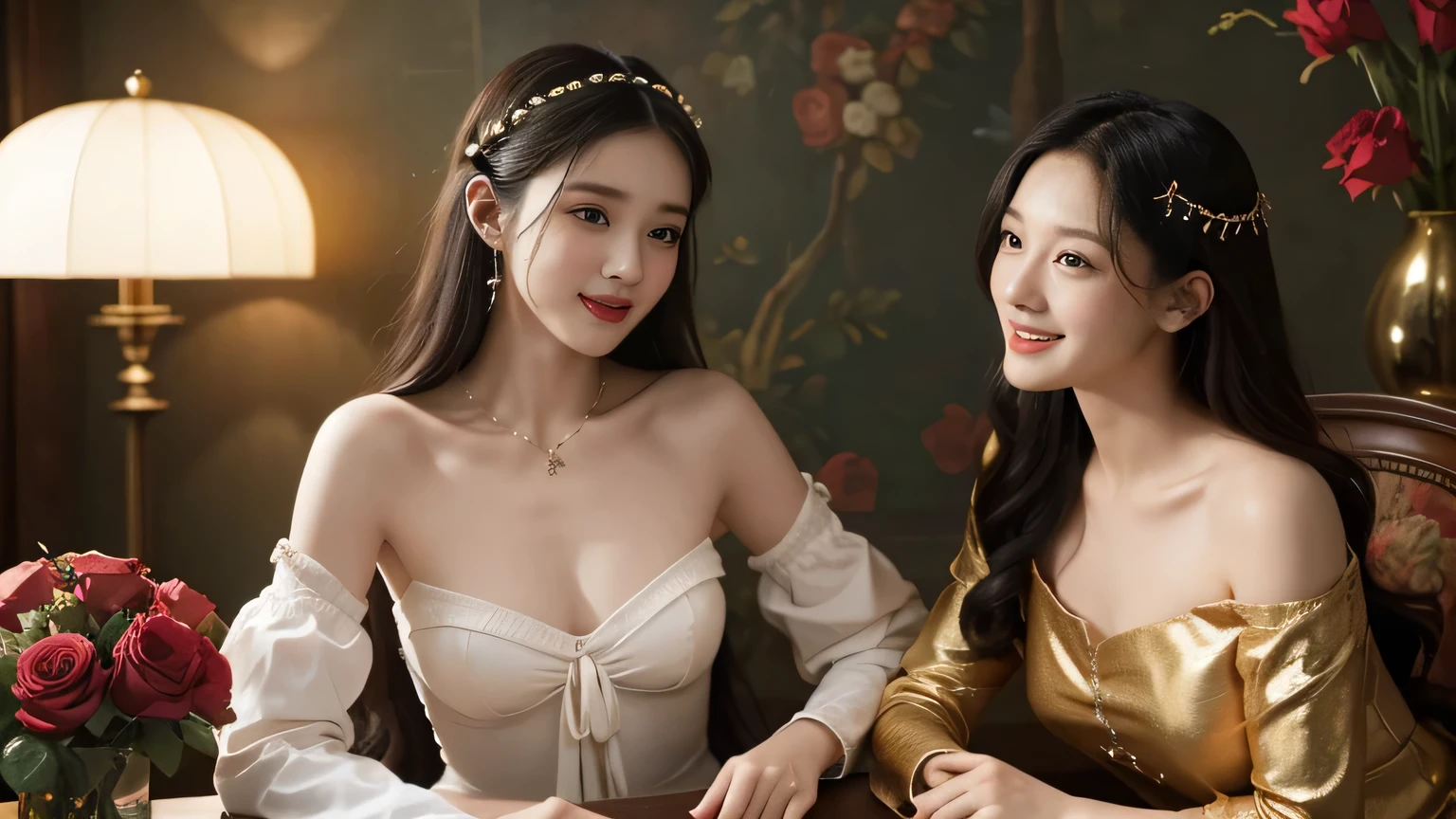 Giorgione painting style,Arguments of two female Philosophe,math、astronomical machine、astronaut、roses in vase、fruits、Cute trinkets、smile、ancient greek costume、Background is a forest lake at night 、Clothes that stretch your shoulders、A big smile、beautiful bare skin、A detailed representation of the seducing woman throughout her body.