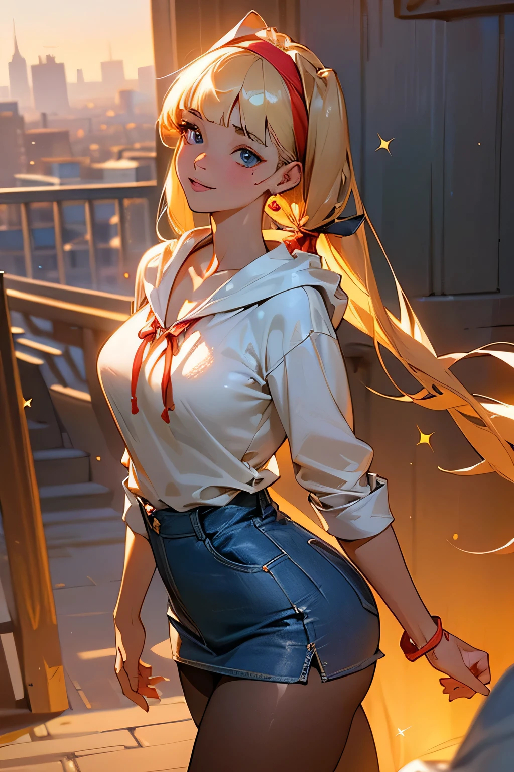 masterpiece, top quality, super detailed, high resolution, (realistic, photorealistic:1.37), excellent anatomy, 1 beautiful woman, posing for a photo, cute, enchanting woman, (blonde, twin tails, blunt bangs, red string ribbon), (blue eyes), (navy blue hoodie:1.2, white shirt, denim skirt, red headband), (black pantyhose, brown loafers), black choker, red gem earrings, (beautiful detailed sparkle), ((the best CG)), ultra-detailed art, CG illustration, 16k, 1080P, oil paints:1.2, (symmetrical facial features), beautiful clavicle, (beautiful fingers), beautiful breasts, (medium breasts), beautiful body, beautiful thighs, beautiful feet, perfect round butt, (((detailed skin, oily skin, textured skin, beautiful skin))), (droopy eyes, expression of fine eyes, beautiful and delicate eyes, sparkling eyes, eye reflexes), (beautiful nose, thin nose), (glossy lips, beautiful lips, thick lips), (beautiful hair, shiny hair, shiny hair, hair fluttering), (smiley, laughing), ((evening, the school road illuminated by the setting sun, a slope with a view of the cityscape)), ((walking, upward glance, cowboy shot;1.2)), best light, best shadow, mysterious, perfect face, highly detailed,