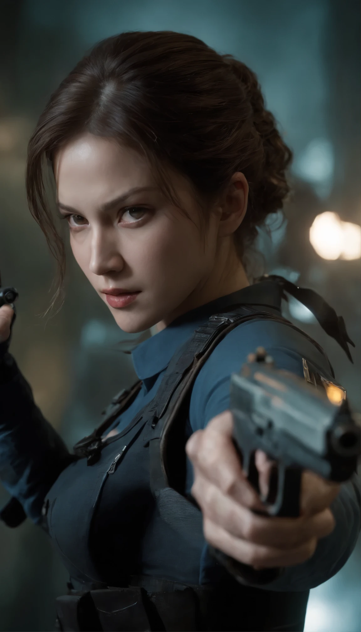 movie『resident evil:Apocalypse』So、Thrilling high-definition scenes unfold。The unwavering determination of the main character, Jill Valentine、The detailed drawings convey the feeling from the moment they are drawn.。In the chaotic and dynamic lighting that followed、resident evilの公式ユニフォームに身を包んだジルは、Skillfully aim your gun at threatening zombies。Her long, flowing hair sways gently、Cast deep shadows、It highlights his chiseled features and fierce expression.。Jill's face is the perfect mix of intensity and focus.、The deep eyes are beautifully drawn in detail.、His gaze is fixed on the threat before him.。Her fingers curled deftly.、The moment the gun is fired