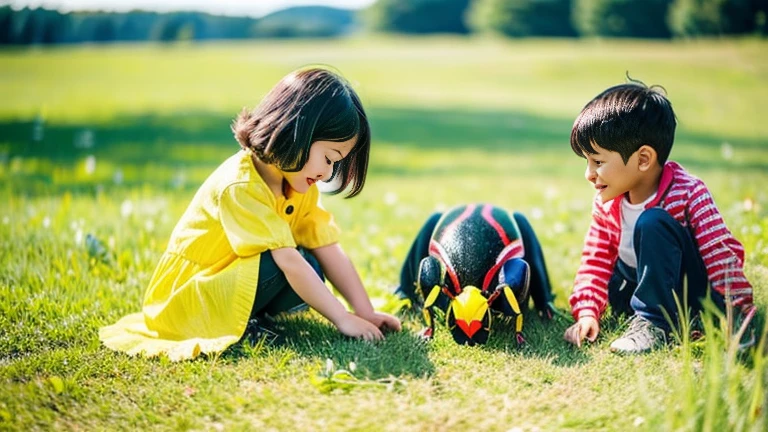 Children playing with beautiful beetles in the grassland、Children playing with beautiful beetles in the grassland、Colorful Mushiking
