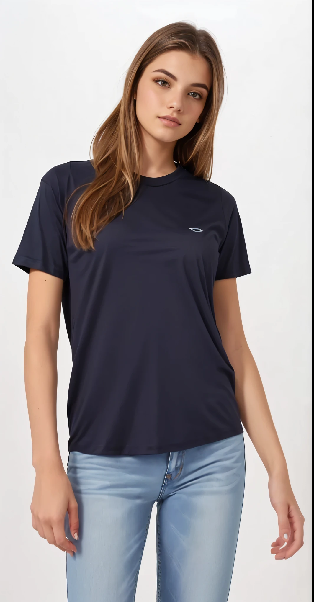 uma mulher vestindo uma camiseta preta e jeans fica na frente de um fundo branco, camiseta azul escura, Camiseta T-shirt, camiseta azul apertada, Camiseta, camiseta, vestindo uma camiseta azul escura, camiseta preta, vestindo uma camiseta escura e jeans, foto do produto, wearing a black Camiseta, official foto do produto, black camiseta