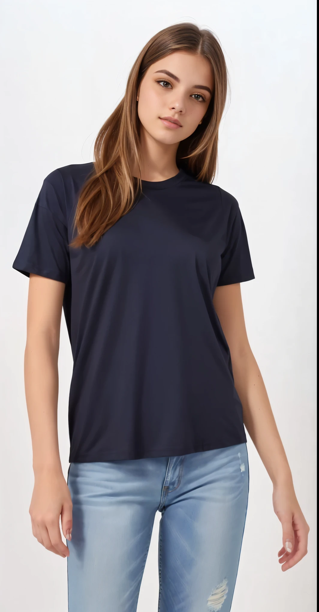 uma mulher vestindo uma camiseta preta e jeans fica na frente de um fundo branco, camiseta azul escura, Camiseta T-shirt, camiseta azul apertada, Camiseta, camiseta, vestindo uma camiseta azul escura, camiseta preta, vestindo uma camiseta escura e jeans, foto do produto, wearing a black Camiseta, official foto do produto, black camiseta