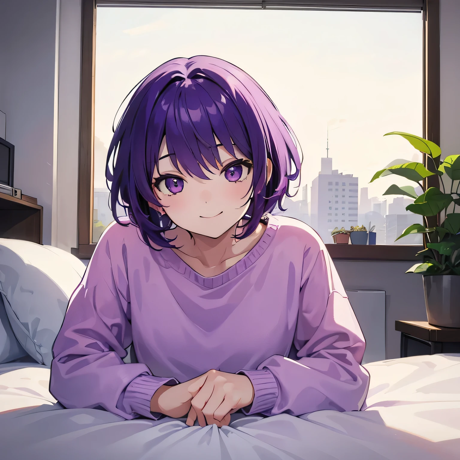 (T Masterpiece，4K wallpaper，Best Quality))、((girl１people))、(solo)、Bright and Brilliant，(Purple Hair)、(Shortcuts:1.3)、smile、Bedroom、sweater、morning