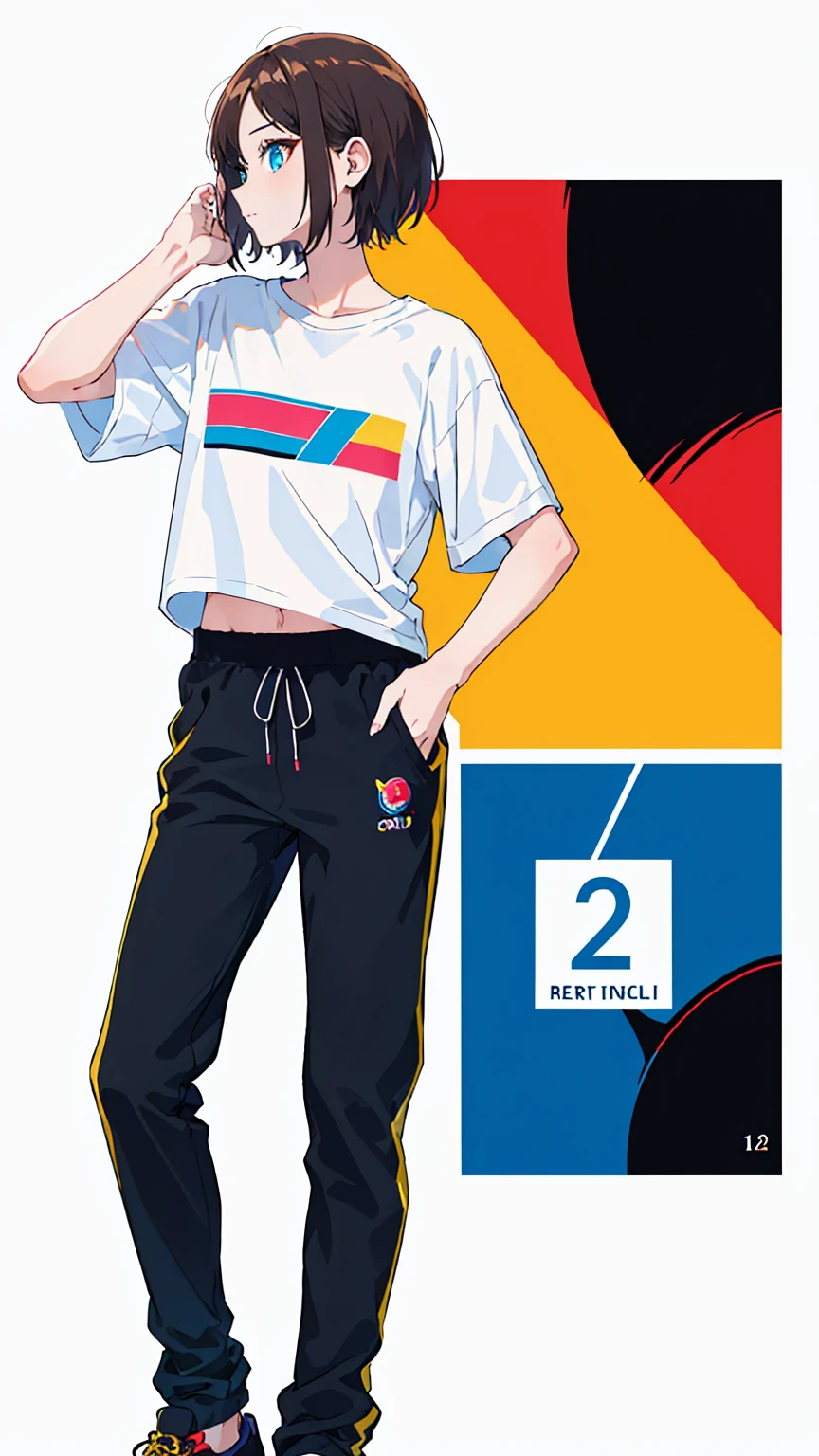 High resolution, Artwork,Vintage,RTX,(Artwork, Better Quality:1.2),ads modeling, stripe,Profile picture, alone, 1 girl, (Big clothes,Forgado, Plain white t-shirt, Longline T-shirt:1.2), Jogging pants,Seamless white background, Symmetric:1.2,Front shot:1.2,Look at the viewers,model,
