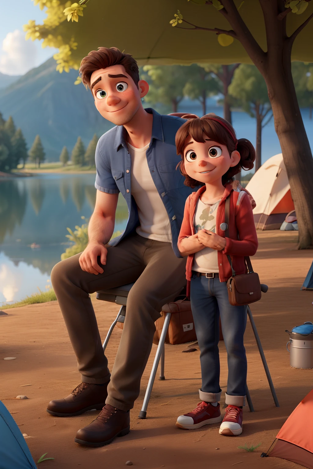Young father and his eigth years daughter are camping at the lake