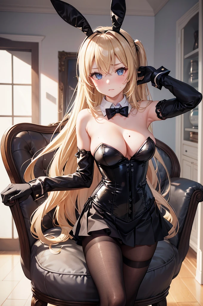 slender, mature female, 1girl, rating:safe, pantyhose, gloves, breasts, blonde_hair, blue_eyes, leotard, bare_shoulders, detached_collar, strapless, large_breasts, solo, black_gloves, cleavage, bunny_ears, bowtie, looking_at_viewer, indoors, detached_sleeves, bow, bunnysuit, sidelocks, black_legwear, black_leotard, chair, bangs, side_ponytail, animal_ears, long_hair, closed_mouth, black_neckwear, corset, hair_between_eyes, blush, mole, skirt, cowboy_shot, wrist_cuffs, brown_legwear, strapless_leotard, eyebrows_visible_through_hair, index_finger_raised, arm_strap, skindentation, standing, shirt, mole_under_eye