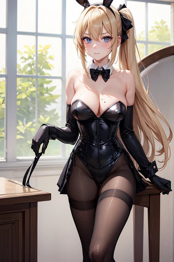 slender, mature female, 1girl, rating:safe, pantyhose, gloves, breasts, blonde_hair, blue_eyes, leotard, bare_shoulders, detached_collar, strapless, large_breasts, solo, black_gloves, cleavage, bunny_ears, bowtie, looking_at_viewer, indoors, detached_sleeves, bow, bunnysuit, sidelocks, black_legwear, black_leotard, chair, bangs, side_ponytail, animal_ears, long_hair, closed_mouth, black_neckwear, corset, hair_between_eyes, blush, mole, skirt, cowboy_shot, wrist_cuffs, brown_legwear, strapless_leotard, eyebrows_visible_through_hair, index_finger_raised, arm_strap, skindentation, standing, shirt, mole_under_eye