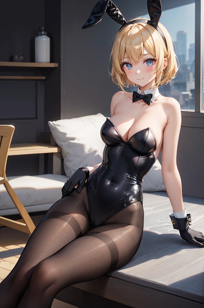 animal_ears, bunny_ears, bunnysuit, leotard, breasts, rating:safe, pantyhose, bunny_tail, gloves, bowtie, fake_animal_ears, black_gloves, blue_eyes, black_leotard, bow, tail, large_breasts, detached_collar, bare_shoulders, cleavage, strapless, fake_tail, wrist_cuffs, bunny_girl, strapless_leotard, blonde_hair, looking_at_viewer, brown_legwear, blush, 1girl, elbow_gloves, short_hair, detached_sleeves, bangs, collarbone, solo, indoors, eyebrows_visible_through_hair, highleg_leotard, hairband, thighs, closed_mouth, smile, long_hair, holding, covered_navel, black_legwear