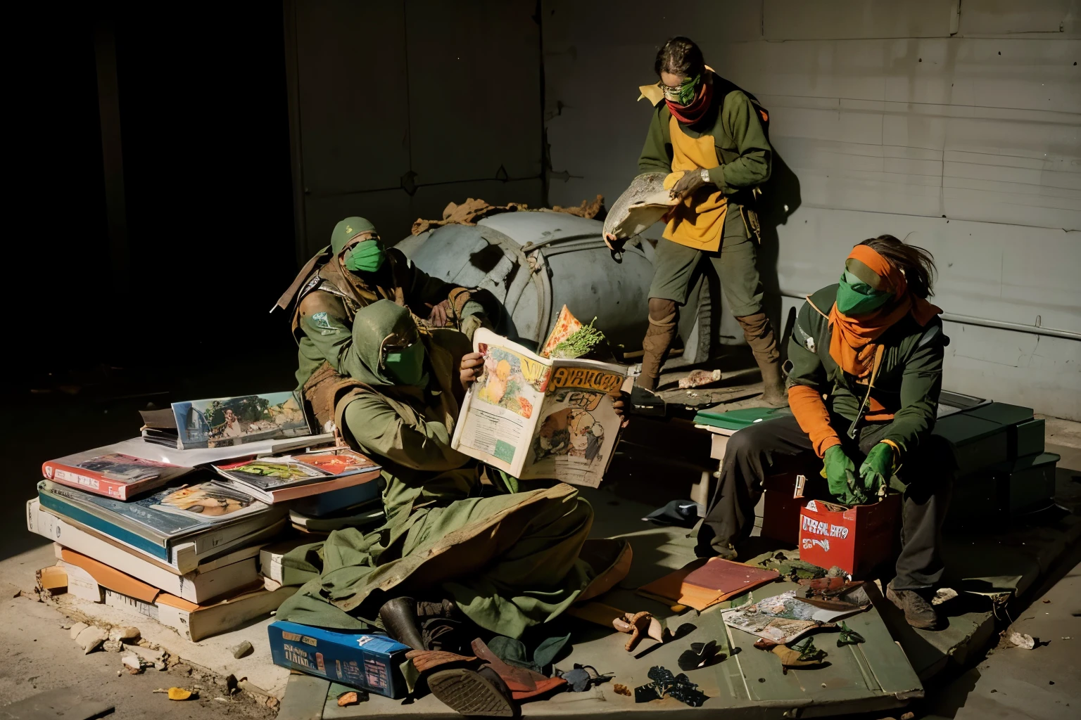 (Best quality, 8k, 32k, Masterpiece, UHD:1.2) Transform the setting of this image to an underground sewer environment. The scene should be dimly lit with dynamic lighting and contrasted shadows, creating a gritty yet lively atmosphere. The sewer should have wet, grimy walls, puddles of water, and scattered debris. Introduce the age Mutant Ninja Turtles into the scene, each with realistic amphibian details and textures.
Leonardo, with a textured blue bandana, should have smooth, greenish-brown skin and a shell with subtle patterning. Michelangelo, wearing an orange bandana, should have a speckled, olive-green skin tone with webbed fingers and toes. Donatello, in a purple bandana, should display darker, rugged skin with patches of mottled brown. Raphael, sporting a red bandana, should have rougher skin texture with visible veins and a deep green hue.
The turtles should be humanoid in appearance but emphasize their amphibian nature with realistic skin textures, moist surfaces, and natural coloring. Surround the turtles with pizzas in various states of consumption, and show them actively eating and enjoying their pizza. Include comic books scattered around, with some of the turtles reading them.
Ensure the scene captures the turtles' personalities: Michelangelo can be seen with a slice of pizza in one hand and a comic book in the other, while Donatello reads intently. Leonardo and Raphael can be shown in a more relaxed stance, savoring their pizza. Add environmental details like graffiti on the walls and the glow of neon lights reflecting off the water to enhance the ambiance. ((humanoid Turtles)) ((Amphibian)) ((pizza)) ((comic books))