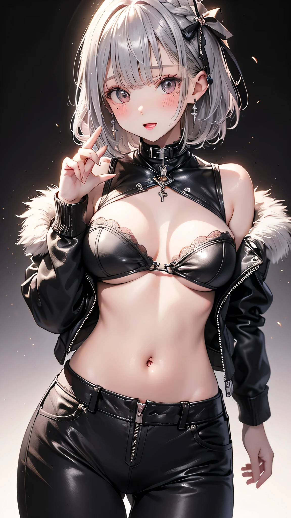 (((masterpiece))), highest quality, Very detailed, blush, Cute and playful,  leather jacket, Silver Hair, Fluffy Hairstyles, Elastic breasts, Heartwarming Eyes, Sweet expression, belly button, Dynamic and cute pose.