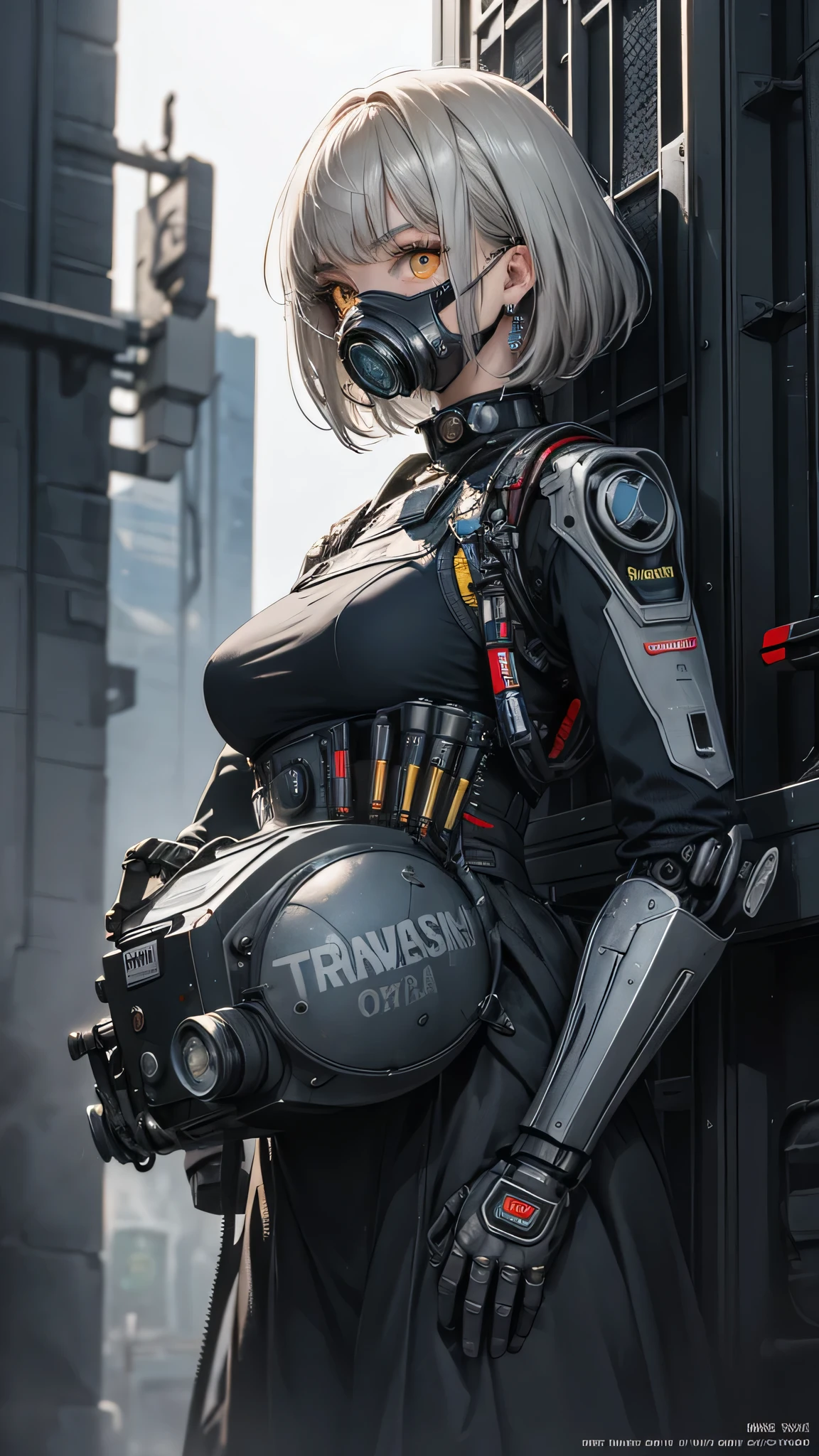(masterpiece:1.2,high quality), One girl, ((Ultra-Realistic Details)), Global Illumination, Shadow, Unreal Engine, Octane Rendering, 8k, Ultra Sharp, Metal, complicated, Decorations detailed, highly complicated details, Yellow Eyes, (Mechanical body:1.2), Gray Hair, (Black gas mask), Equipment, Bobcut, Hundreds of wires, Terran, (robot, Android:1.15), Apocalypse, Broken Building