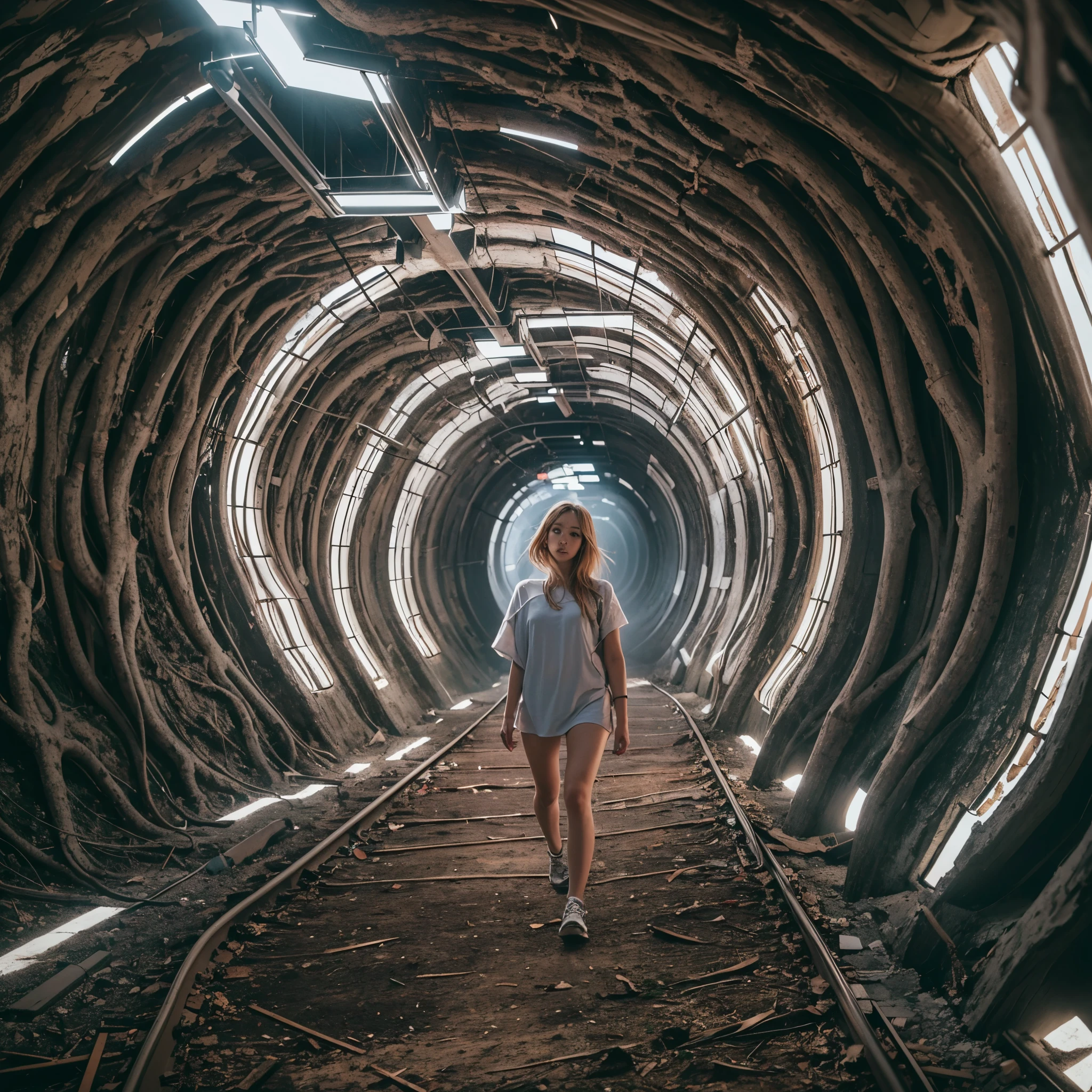 Best quality，masterpiece，16k,In the curved tunnel，A tunnel made of tree branches，Futuristic，Future Technology Tunnel，Complex structure，1girl，Dynamic poses，Looking at the camera，Girl being chased by monster