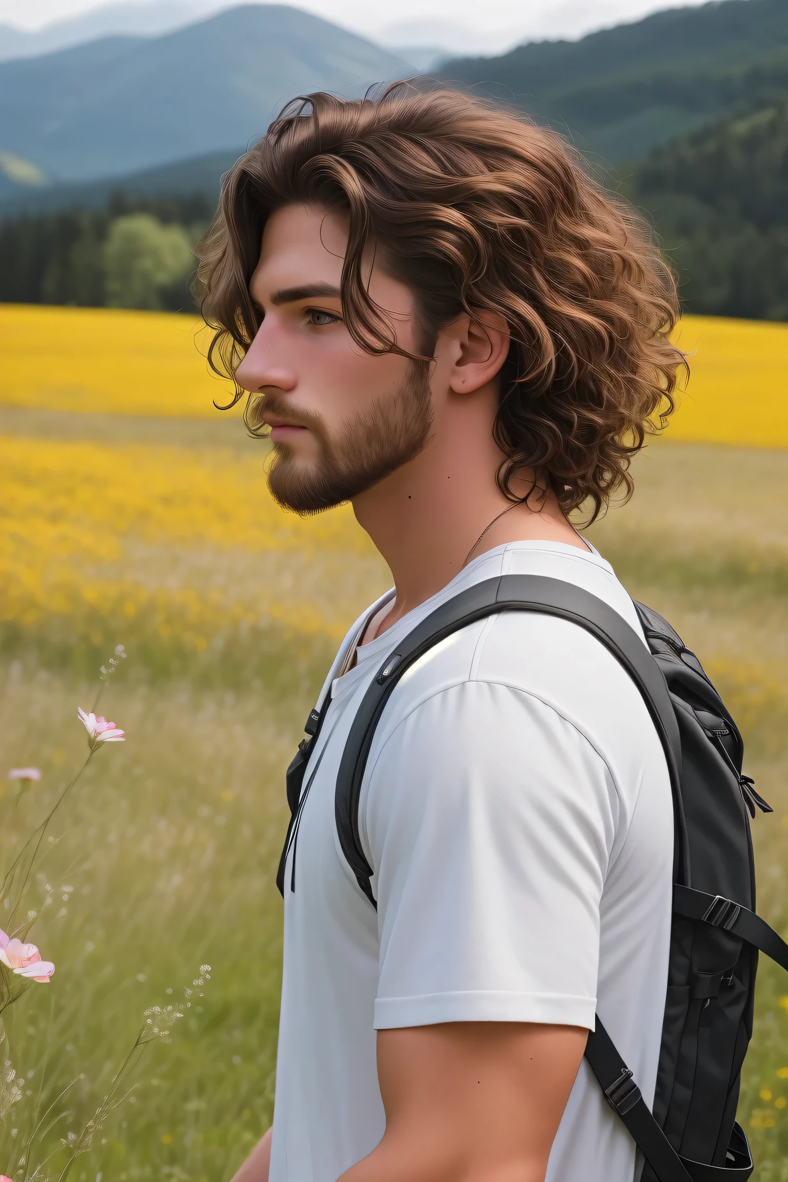 8k uhd, dslr, high quality , RAW photo, Amateur Photography posted to facebook ,Fujifilm XT3, Canon R5, gorgeous male portrait, from the side, looking at viewer, in a meadow, flowers, beautiful hair, manly, gorgeous lighting

