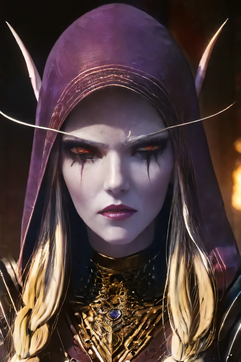 Masterpiece, hd, full detailed, !(Sylvanas Windrunner has the appearance of an undead elf, with pale skin and red eyes. Her hair is black with silver highlights, and she wears it in a long braid. His face is beautiful but stern, often wearing an expression of determination or disdain. His outfit consists in a burgundy wool hood, a of leather and metal armor that allows him to move with agility and protect himself from attacks. His colors are black, red and green, which symbolize his loyalty to the Forsaken, his thirst for revenge and his past as a forester. His most characteristic weapon is a longbow called Night's Edge, which shoots arrows of dark energy. He also wears a dagger and a pendant in the shape of a winged bat, the emblem of the Forsaken)