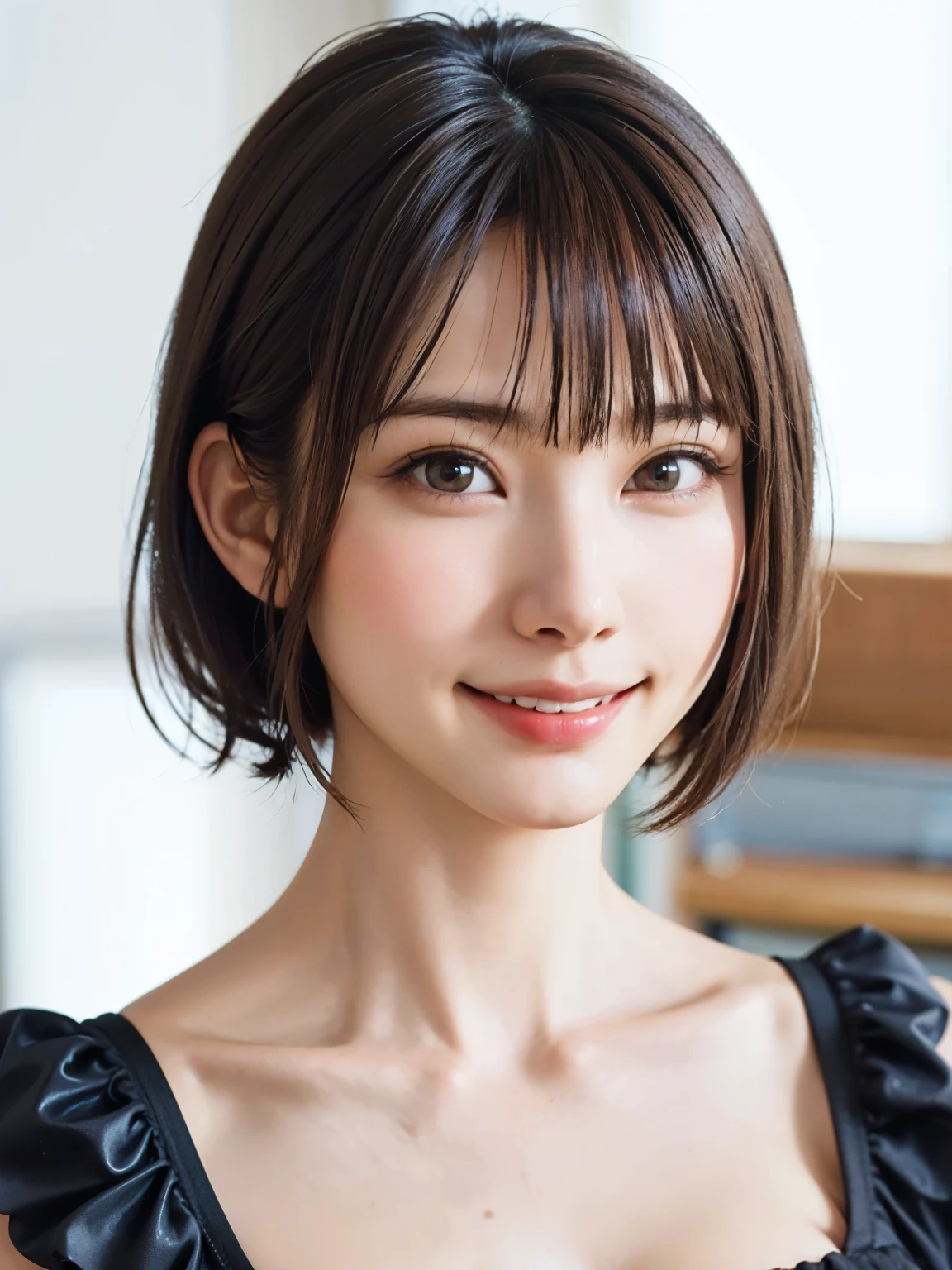 1 girl, alone, Beautiful Skin, very detaileded, ultra detaileded, Ultra-high resolution, (Photorealism:1.4), (highest quality), (Best Shadow), detailed, Perfect lighting, Black Hair:2, ((Showpiece, highest quality, High precision)), One Girl, (Realistic: 1.4), (look up at the camera even a little, カメラをlook up, look up, look up at the camera, Looking into the camera))), alone, White Background, snow-White Background, shut up., smile, pretty Black Hair:2, short hair:1.6, Big eyes, Beautiful double eyelids, eyelash, listen, Long neck, 美しいLong neck, Absolute area, ((Face close-up, short hair with bangs、Short Bob Hair:1.5、Off the shoulder)), 19 years old, Attractive proportions, Shiny skin, Beautiful clavicle, Golden ratio face, Perfect Face, Teardrop-shaped mole, Mole on chest, bangs, clean bangs, beautiful bangs, Lip gloss, Thin lips, White skin, I took off my clothes, Small face, Small face, 少し上を向いてLooking into the camera, ((smile a little for the camera, Beautiful background with vibrant paint, Listen carefully, big 胸、Dynamic Angle:1.5、Workplace Safety:2))