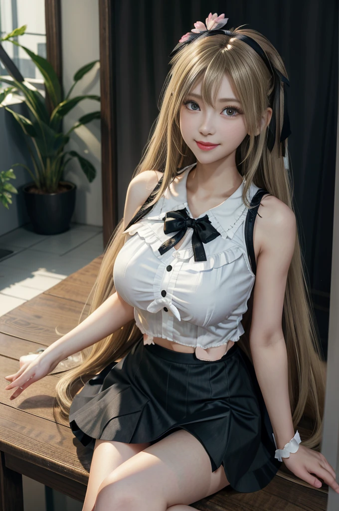 work, best quality, girl, long hair alternative, absurdly long hair, blonde hair, bow hair, Aqua eyes, Charming smile, tongue, black eyes, Long eyelashes, Large Breasts, Mole on chest, White shirt, Black skirt, shoe, period, hair Ribbon, flower Ribbon, hair_Ribbon, hair_Ribbon, hair_flower