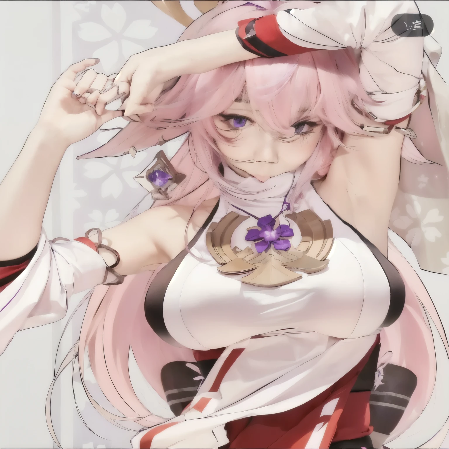 Beautiful girl with pink hair and purple eyes in a white top, ayaka genshin impact, keqing from genshin impact, realistic