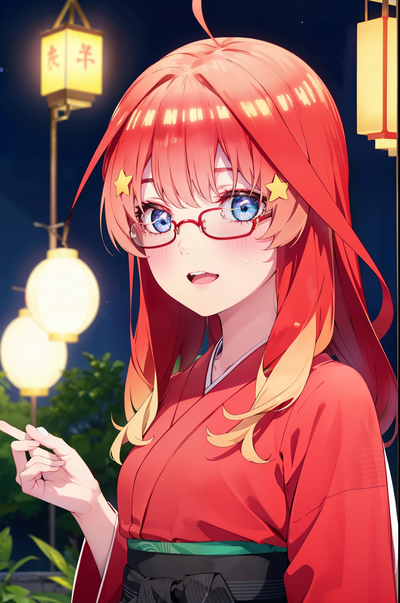 itsukinakano, Itsuki Nakano, bangs, blue eyes, Hair between the eyes, Ahoge, Redhead, star \(symbol\), hair ornaments, star hair ornaments,Akagi Glasses,smile,blush,Happy atmosphere,Open your mouth,Long Hair,Tie your hair back,red kimono,,Thick sleeves,Sandals,White tabi,night空の花火,Fireworks display,Japanese Festivals,Summer festival food stalls,Red Lantern, night,whole bodyがイラストに入るように,Looking down from above,
break outdoors, shrine, break looking at viewer,whole body,
break (masterpiece:1.2), highest quality, High resolution, unity 8k wallpaper, (shape:0.8), (Beautiful and beautiful eyes:1.6), Highly detailed face, Perfect lighting, Highly detailed CG, (Perfect hands, Perfect Anatomy),