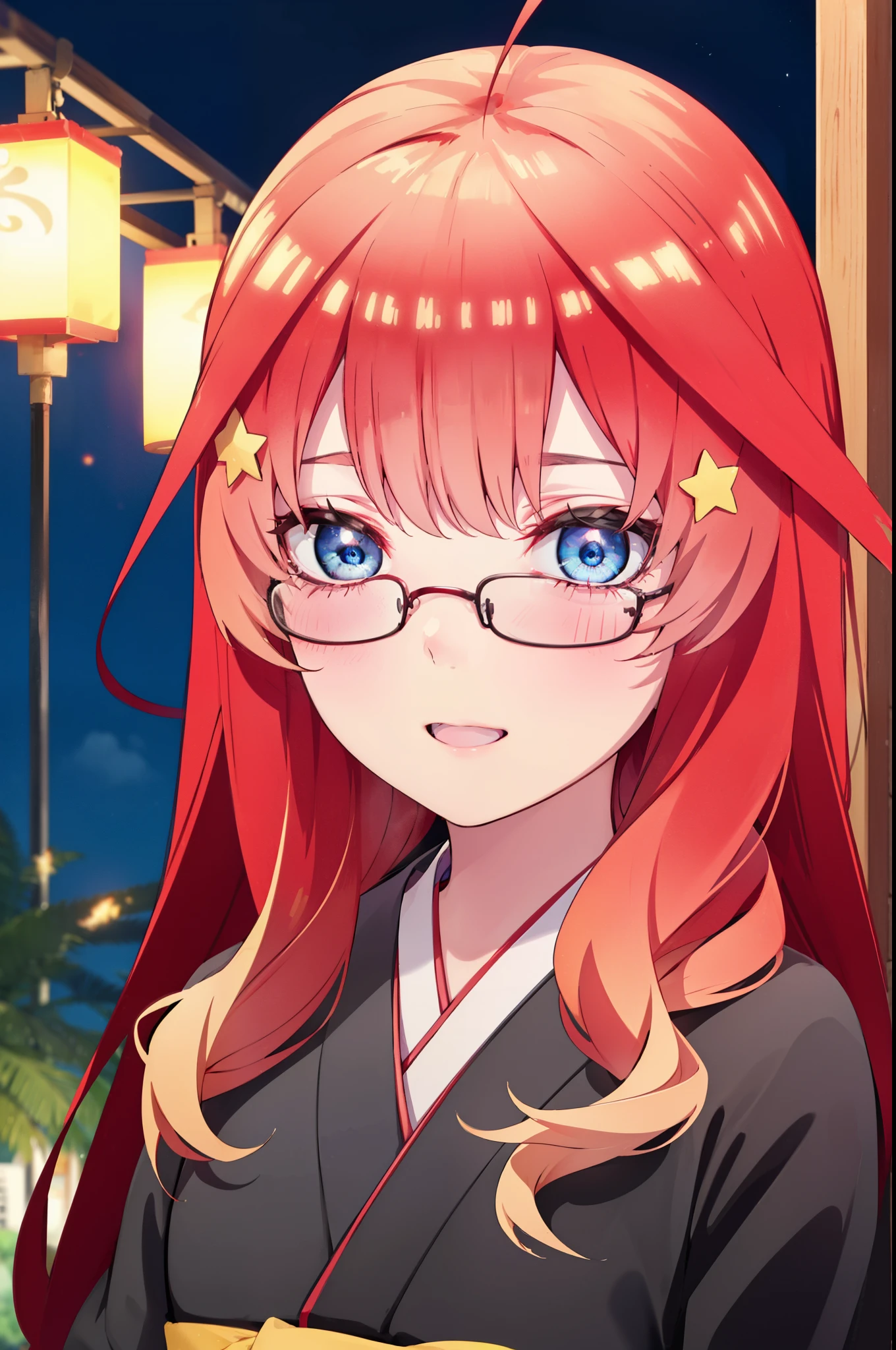 itsukinakano, Itsuki Nakano, bangs, blue eyes, Hair between the eyes, Ahoge, Redhead, star \(symbol\), hair ornaments, star hair ornaments,Akagi Glasses,smile,blush,Happy atmosphere,Open your mouth,Long Hair,Tie your hair back,red kimono,,Thick sleeves,Sandals,White tabi,night空の花火,Fireworks display,Japanese Festivals,Summer festival food stalls,Red Lantern, night,whole bodyがイラストに入るように,Looking down from above,
break outdoors, shrine,                                              break looking at viewer,whole body,
break (masterpiece:1.2), highest quality, High resolution, unity 8k wallpaper, (shape:0.8), (Beautiful and beautiful eyes:1.6), Highly detailed face, Perfect lighting, Highly detailed CG, (Perfect hands, Perfect Anatomy),