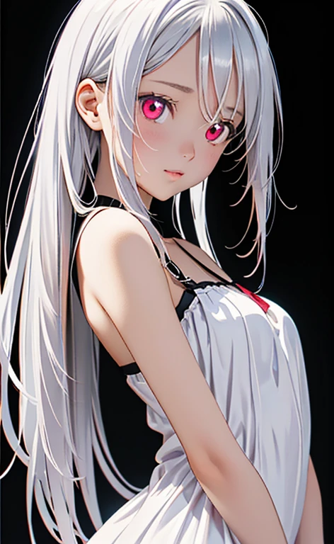 (Photorealistic:1.4)、asuna,(masterpiece、lens flare:1.5、spot light:1.2、Exquisite beautiful eyeonochrome:1.5,portlate、)、Cute Face、 3D Face、(platinum White hair:1.5、Straight Hair)、(1 Girl)、(Red eyes:1.2)、(upper body)、(),(Sundress)、 (Cute face:1.2),(clear face),(water eye),kind face,(Small breasts),(black background:1.5)、(glowing eyes:1.3)、()、 Neat and clean、Adorable、Slim Body(Tareme:1.5),Shiny Hair、(Glowing pink Skin)、Nijisketch,Manga,zydG